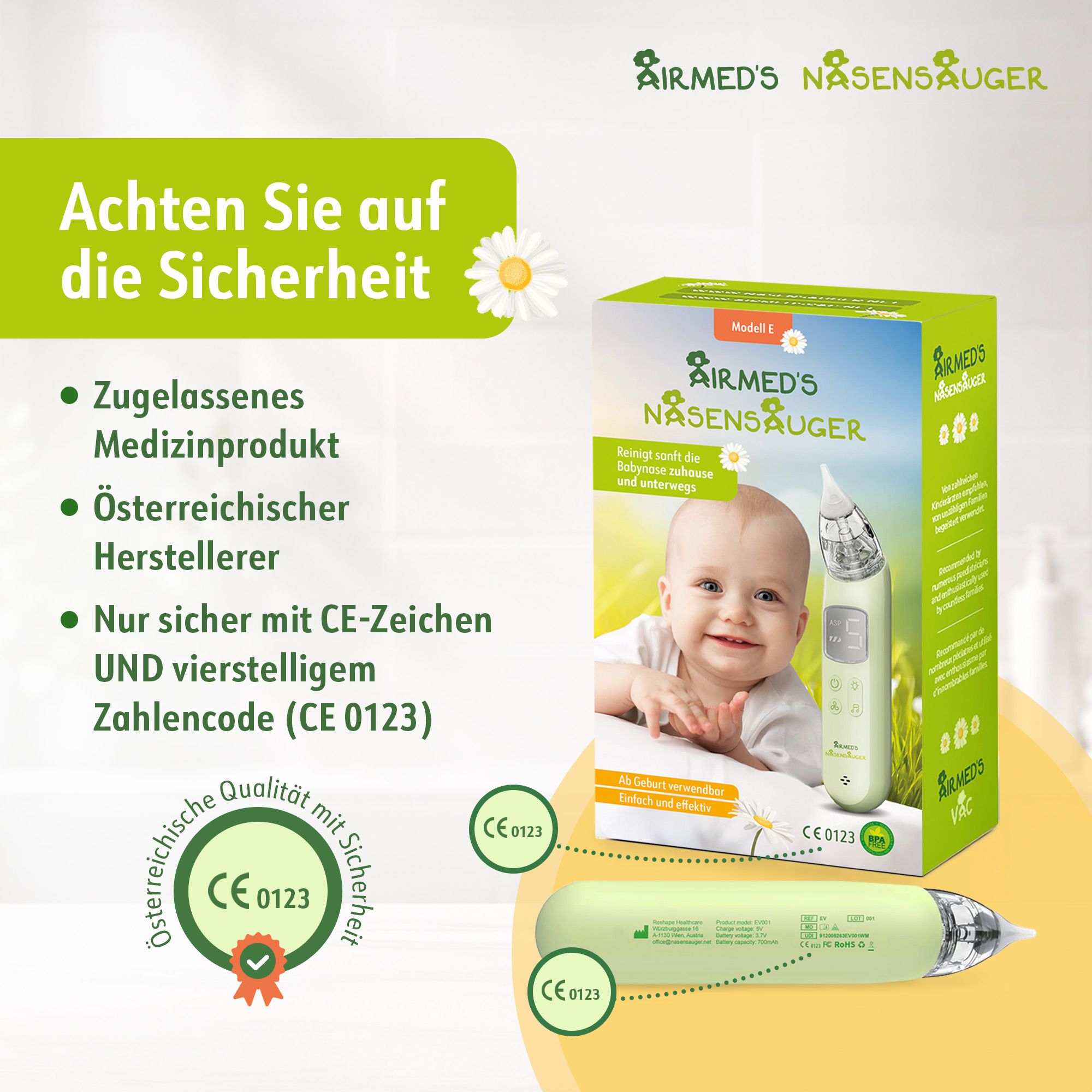 Aspirateur nasal vert avec marquage CE 0123 et sceau autrichien. Emballage avec image de bébé.