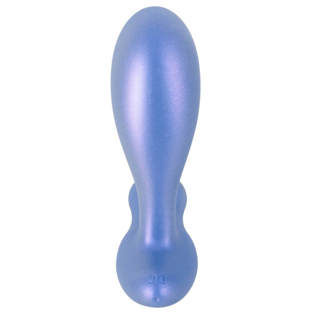 Vibrateur anal bleu à surface chatoyante, forme ergonomique.