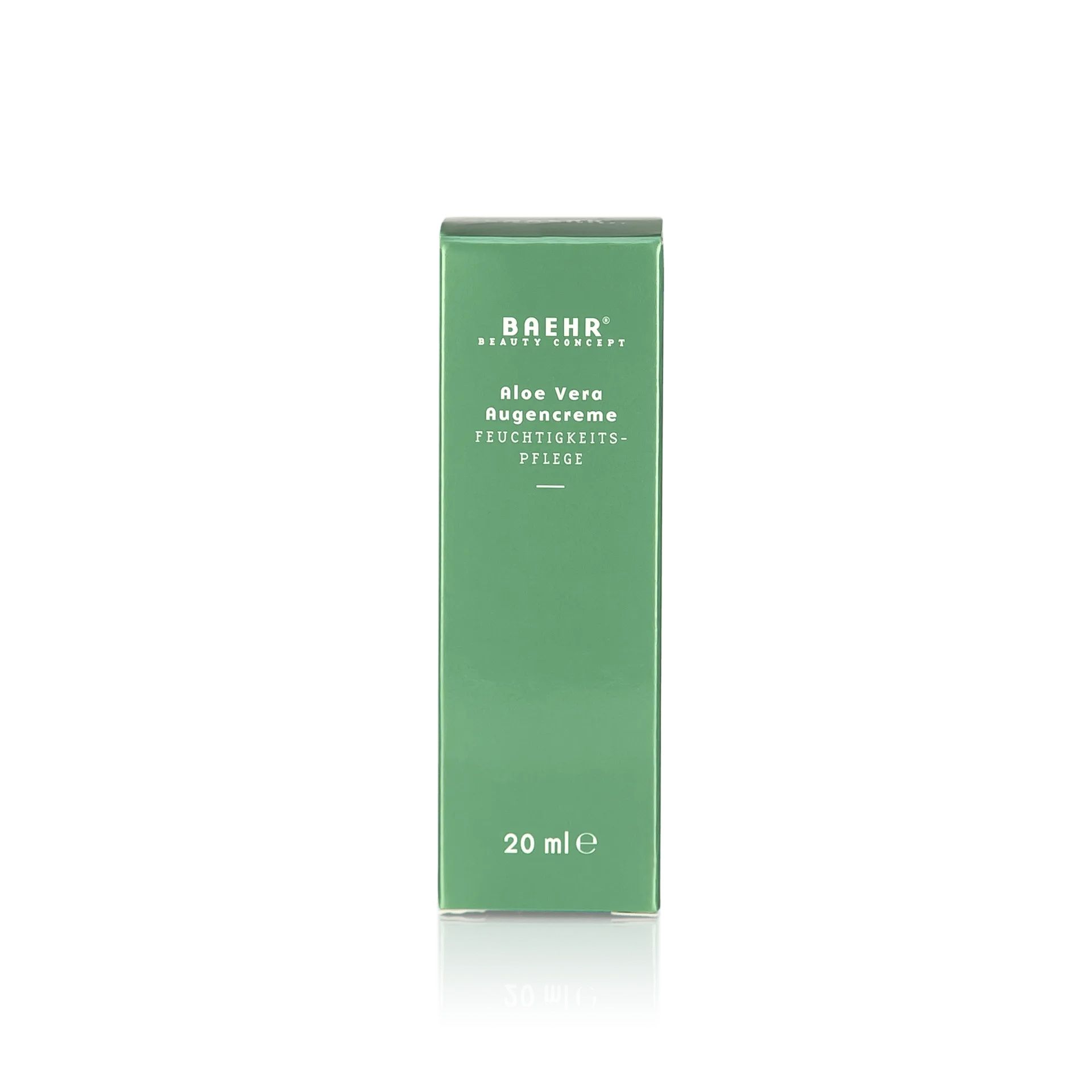 Groene doos voor Baehr Beauty Concept Aloë Vera oogcrème, met productinformatie en vermelding van 20 ml.