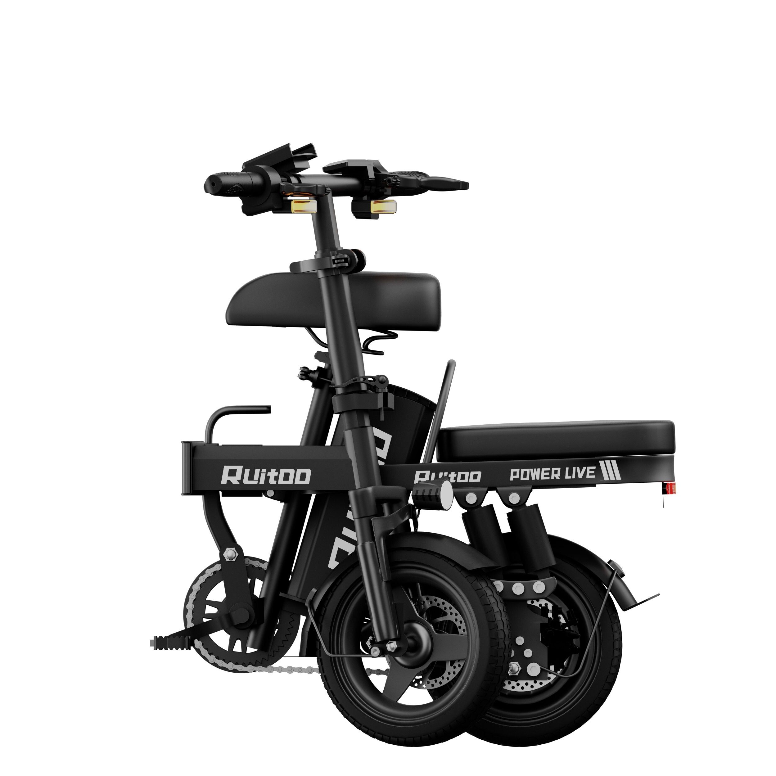 Vélo électrique noir plié. Roues, selle, batterie, guidon visibles. Marque : Ruitoo.