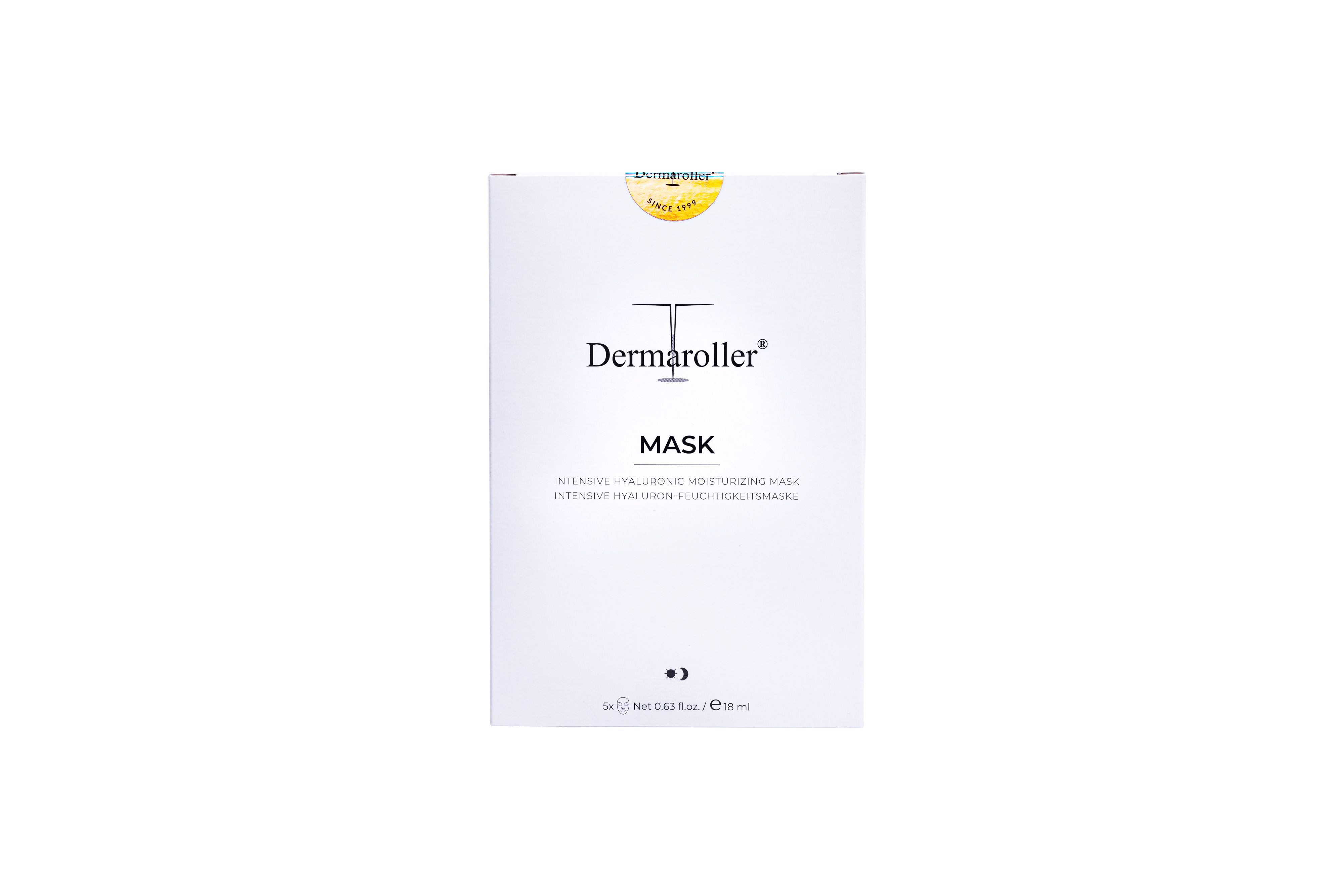 Witte productverpakking voor Dermaroller Mask met logo en productnaam.