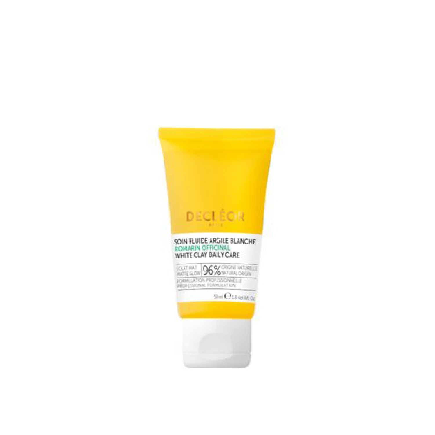 Gele tube met witte dop. Opschrift: Decleor, Soin Fluide Argile Blanche, Rosmarin Officinal, White Clay Daily Care. 96% ingrediënten van natuurlijke oorsprong.