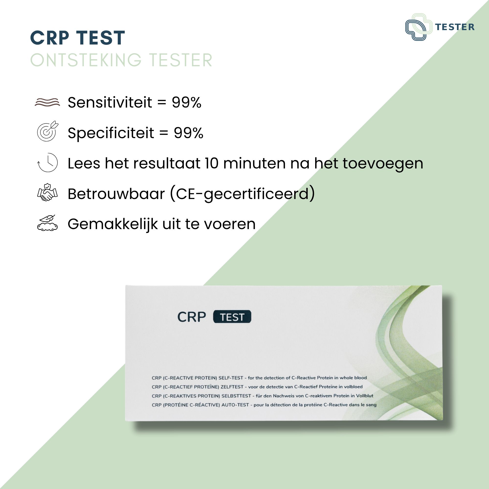 Infographie avec texte : Sensibilité 99%, Spécificité 99%, résultat en 10 minutes, fiable (certifié CE), facile.