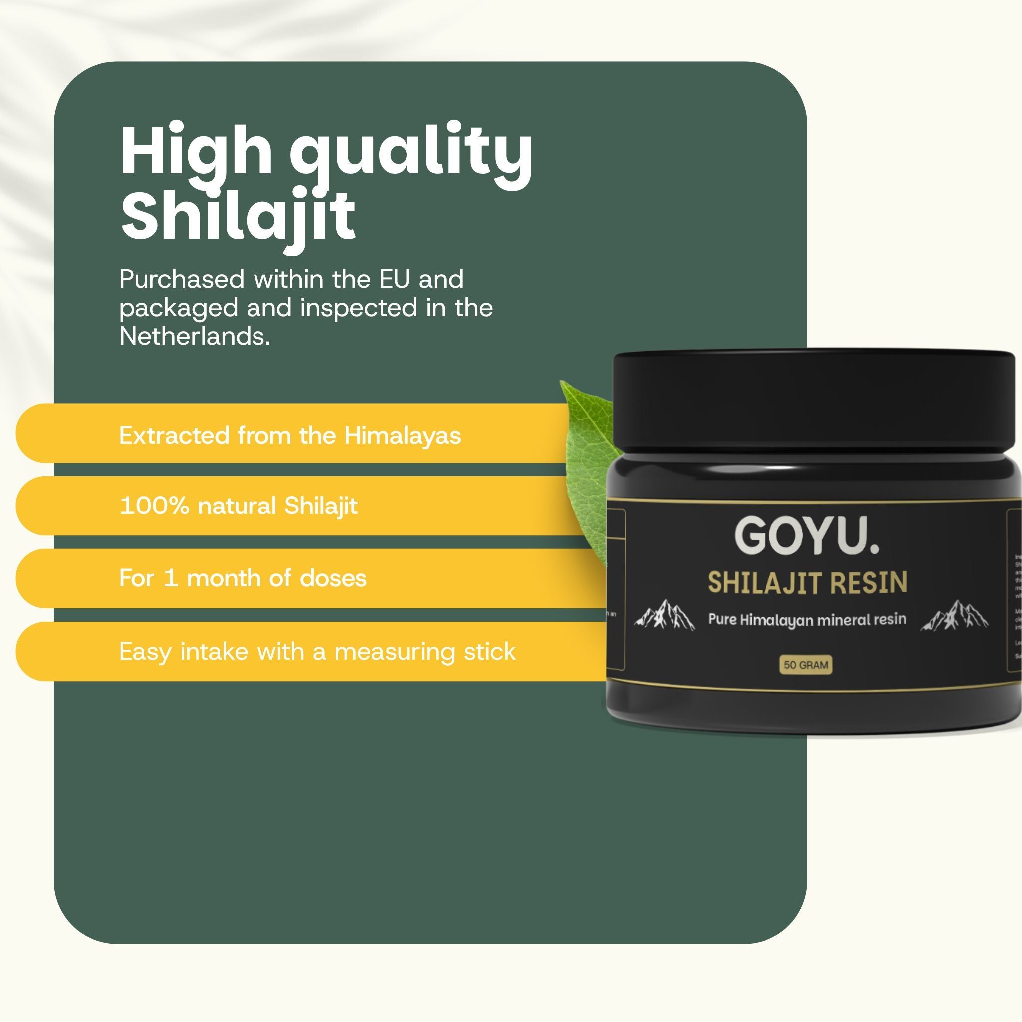 Bocal de Shilajit à côté d'une liste d'avantages : de l'Himalaya, 100% naturel, pour 1 mois, dosage facile.