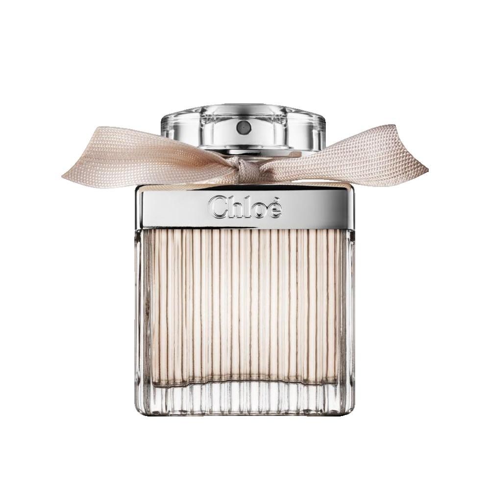 Vierkante fles met gegroefd glas, zilveren dop en strik. Opschrift: Chloé.