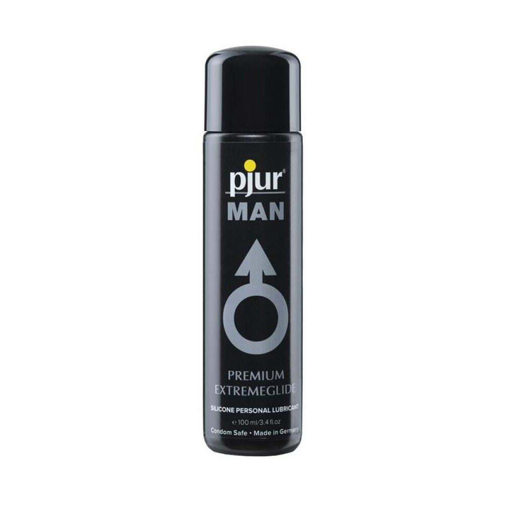 Zwarte fles met geel logo. Productnaam: pjur MAN Extreme Glide. Mannelijkheidssymbool. Siliconenbasis.