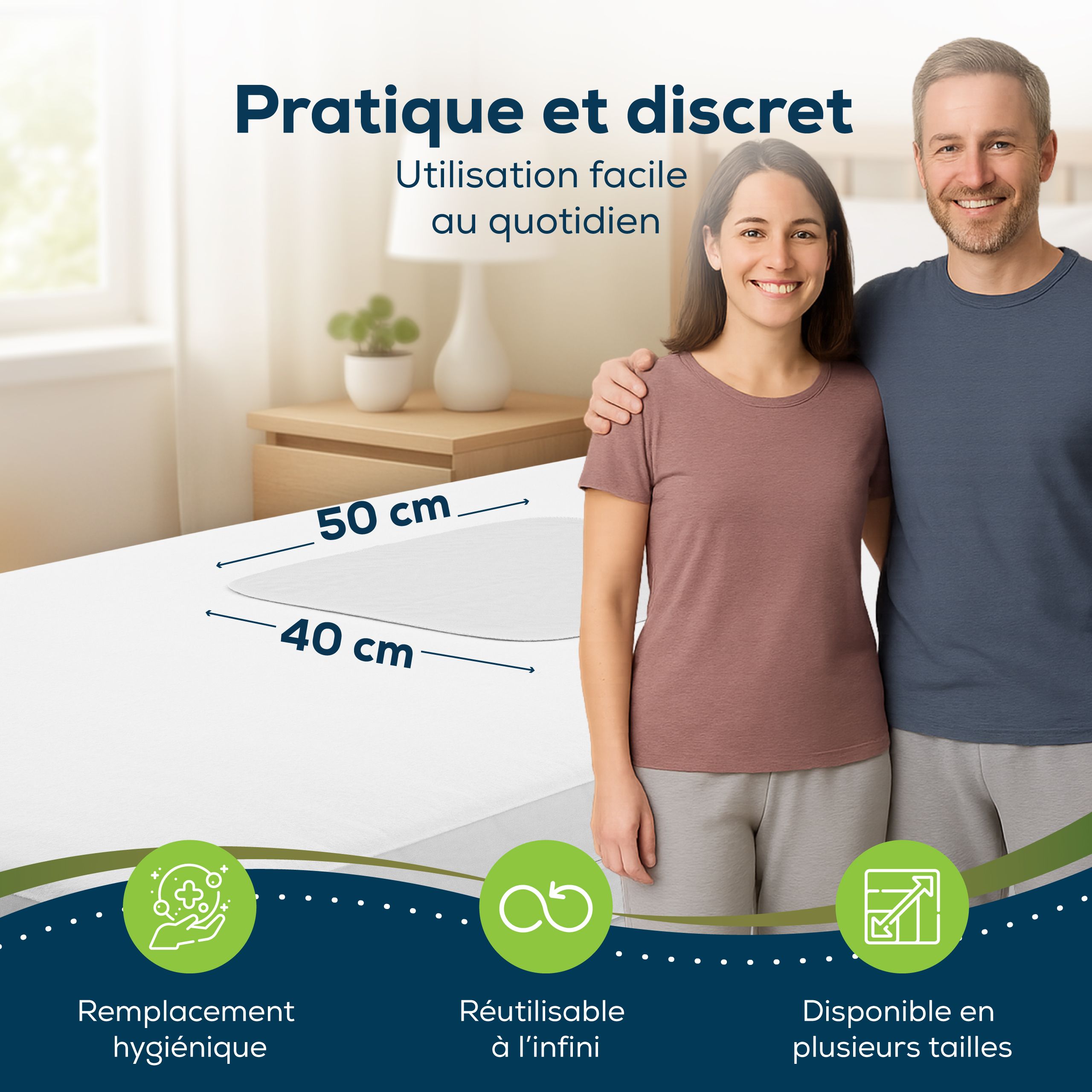 Alèse d'incontinence. 40x50cm. Une femme et un homme sont représentés. Hygiénique et discret.