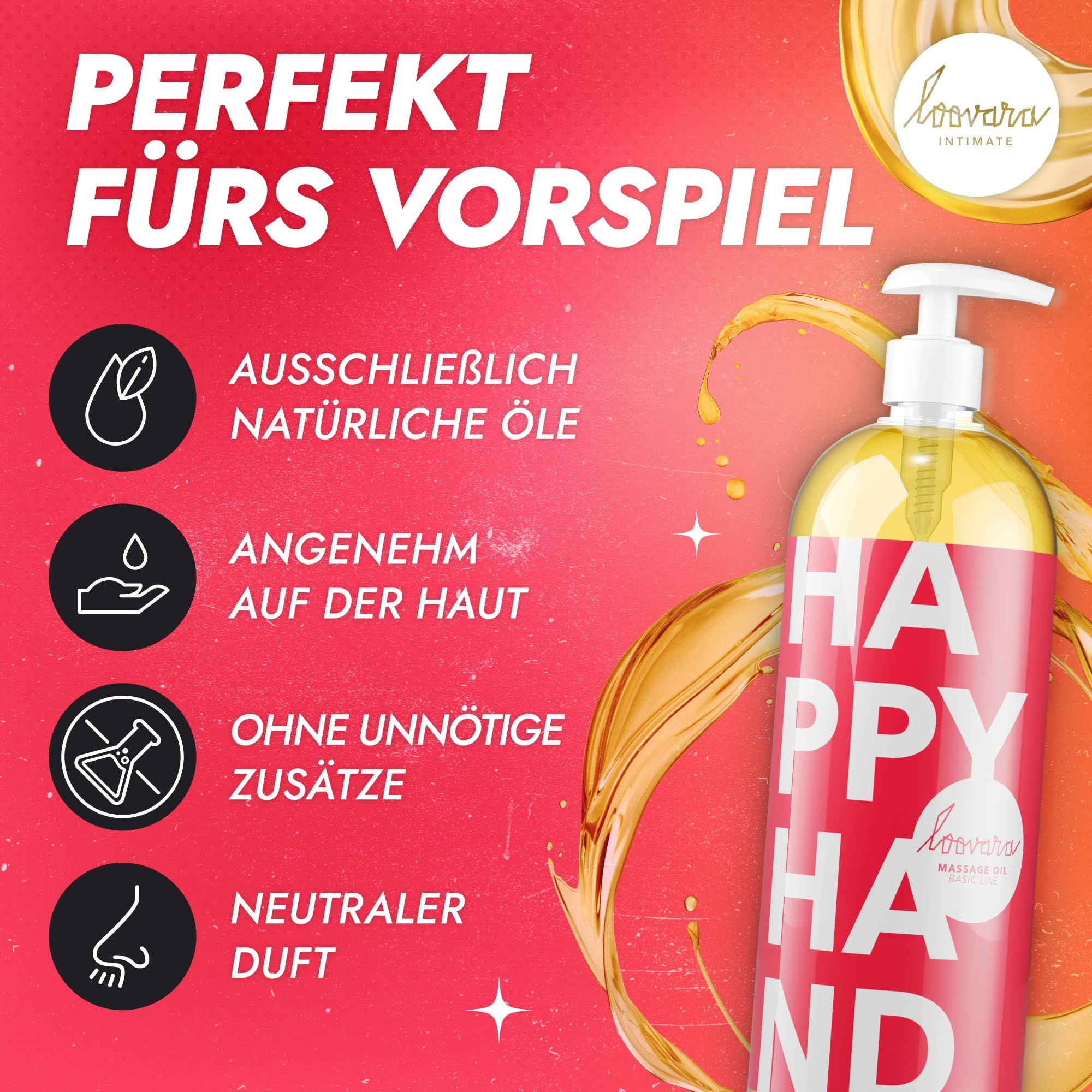 Vijf flessen massageolie met verschillende opschriften, waaronder "Happy Hand".