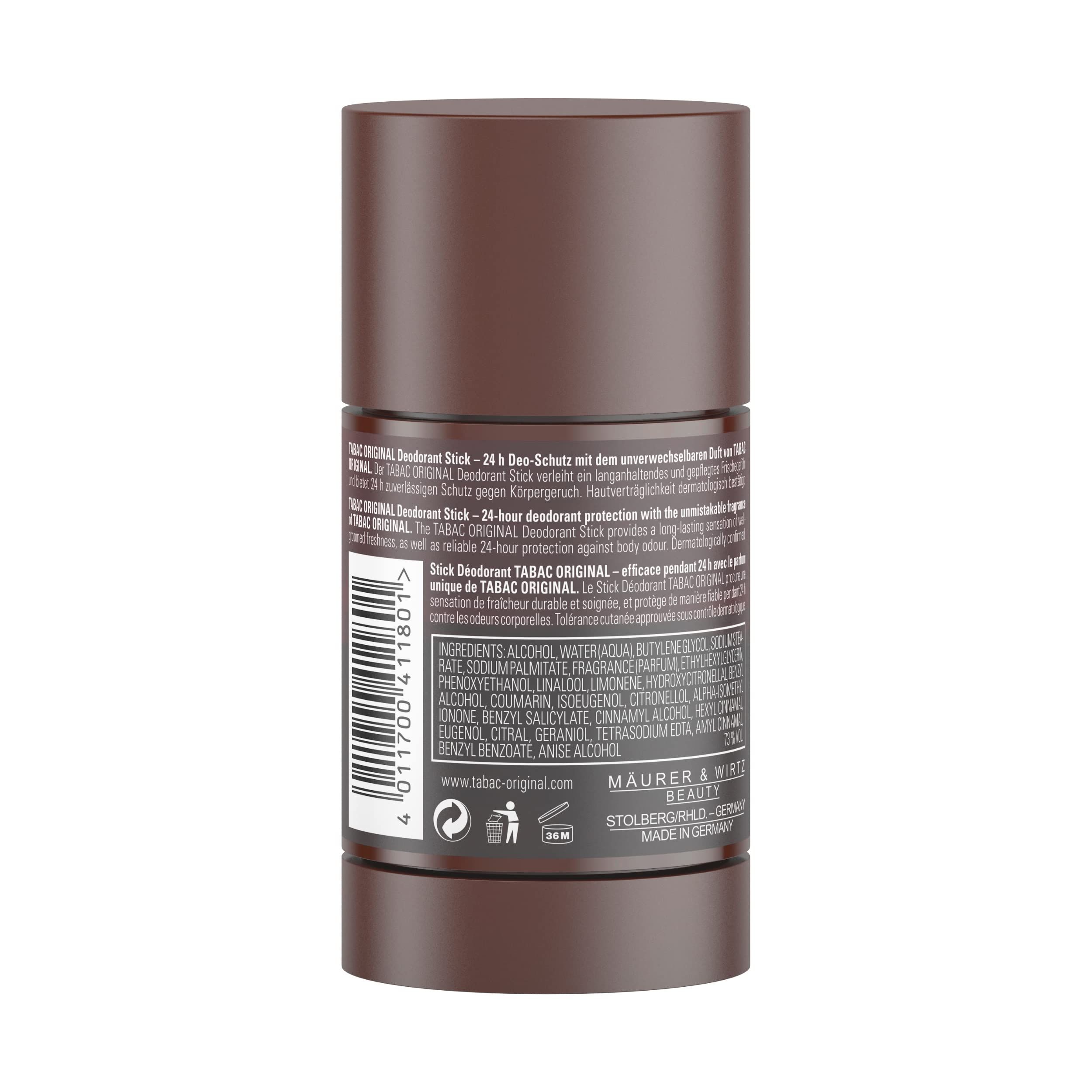Dos du stick déodorant. Emballage marron avec texte. Texte: Tabac Original, Deodorant Stick, ingrédients, 75ml.