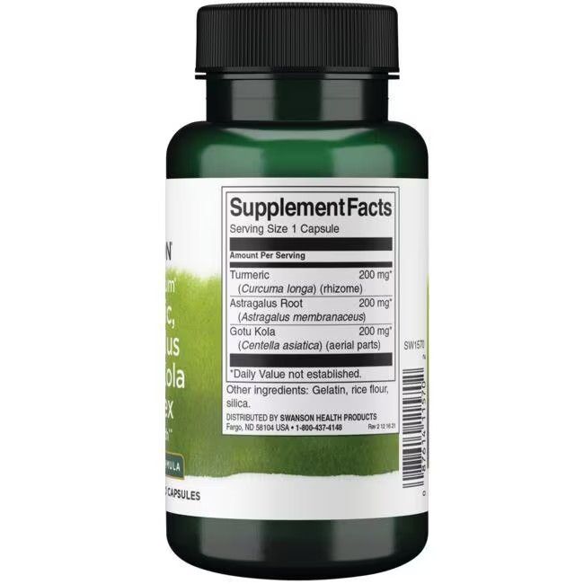 Achterkant van de groene fles. Wit etiket met voedingswaarde-informatie. Bevat kurkuma, astragalus en gotu kola.