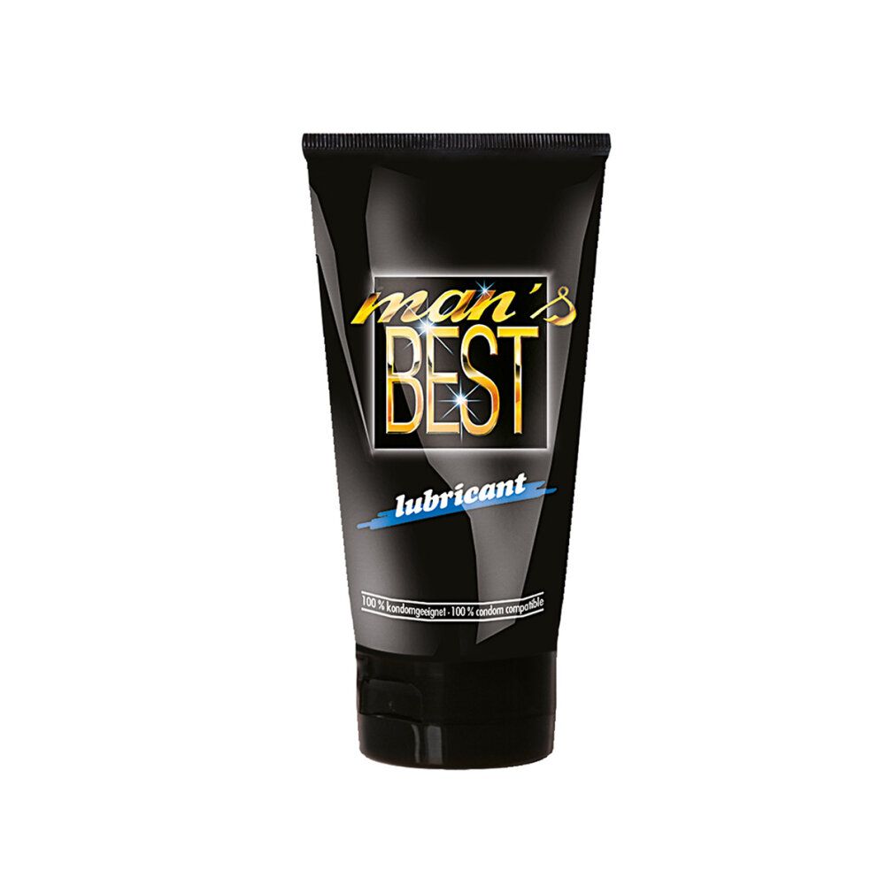 Tube noir avec inscription dorée "man's BEST lubricant". En bas, "100% compatible préservatif".
