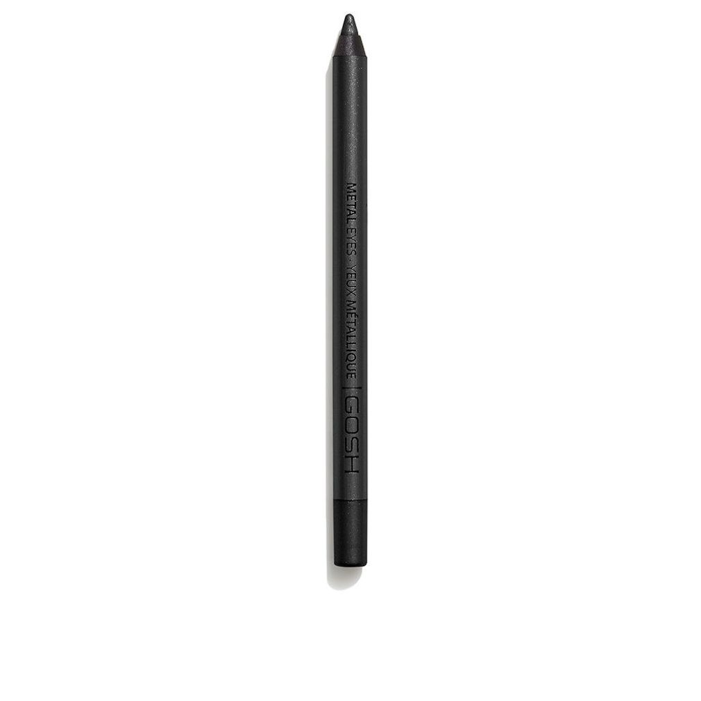 Crayon eyeliner noir. Inscription: METAL EYES, METALLIQUE, GOSH. Sur fond blanc.