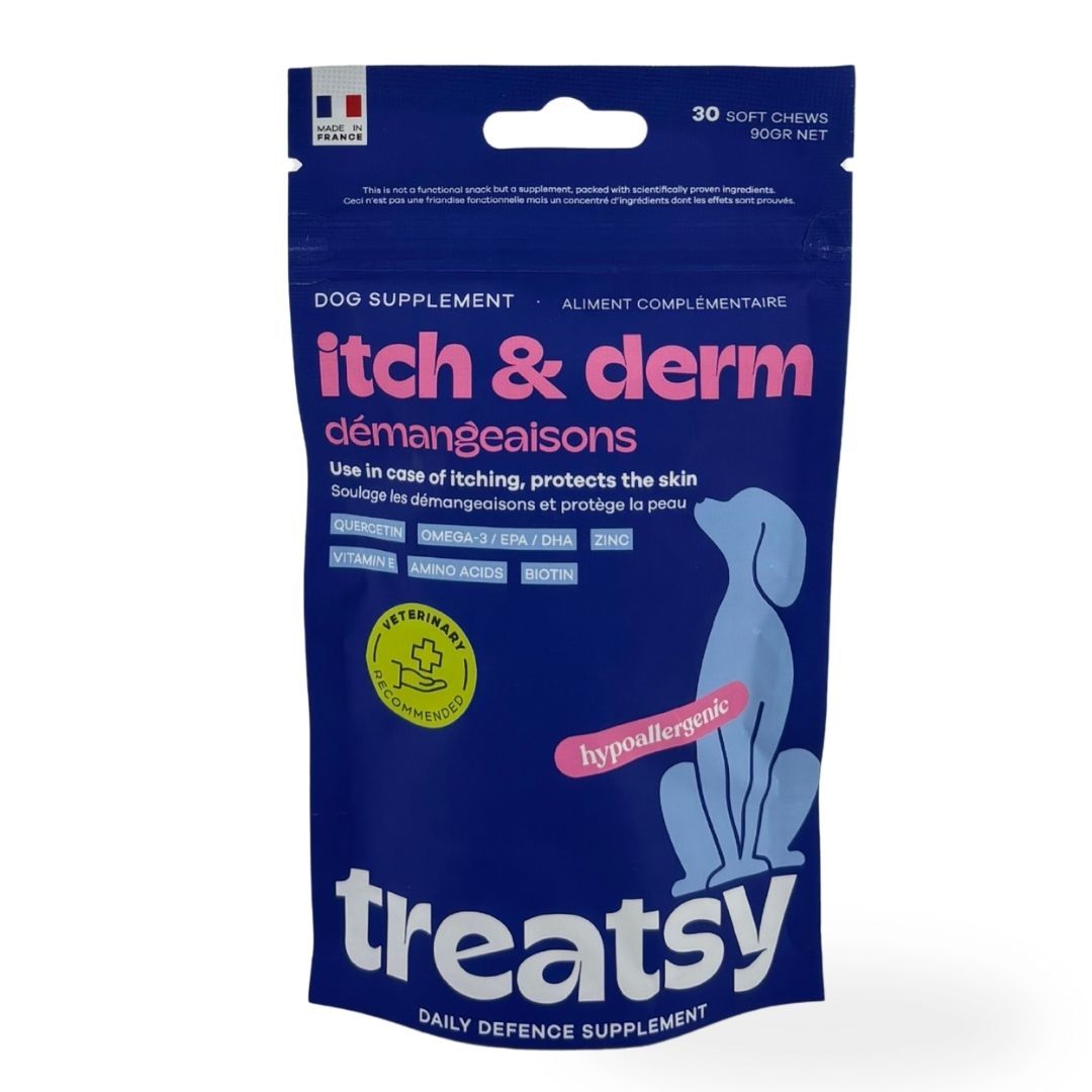 Sachet bleu "itch & derm" et "Treatsy". Contient 30 friandises. Avec drapeau.