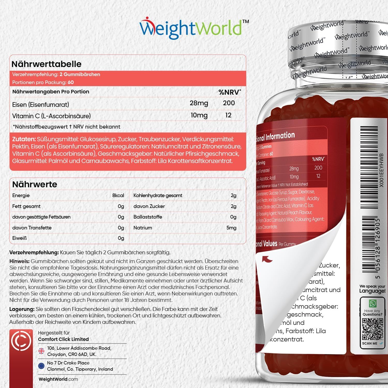 Voedingstabel van WeightWorld IJzer & Vitamine C Gummies. Bevat informatie over ijzer, vitamine C en ingrediënten.