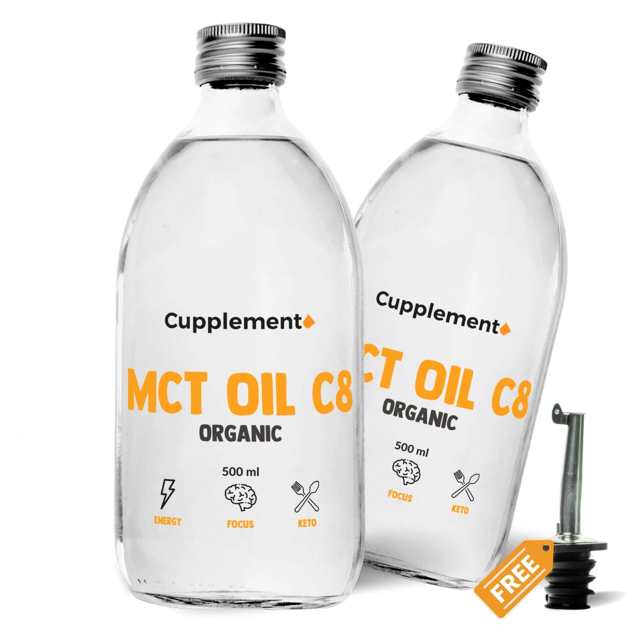 Deux bouteilles en verre de MCT Oil C8 Organic. Contient 500 ml. Avec bec verseur. Marque : Cupplement.