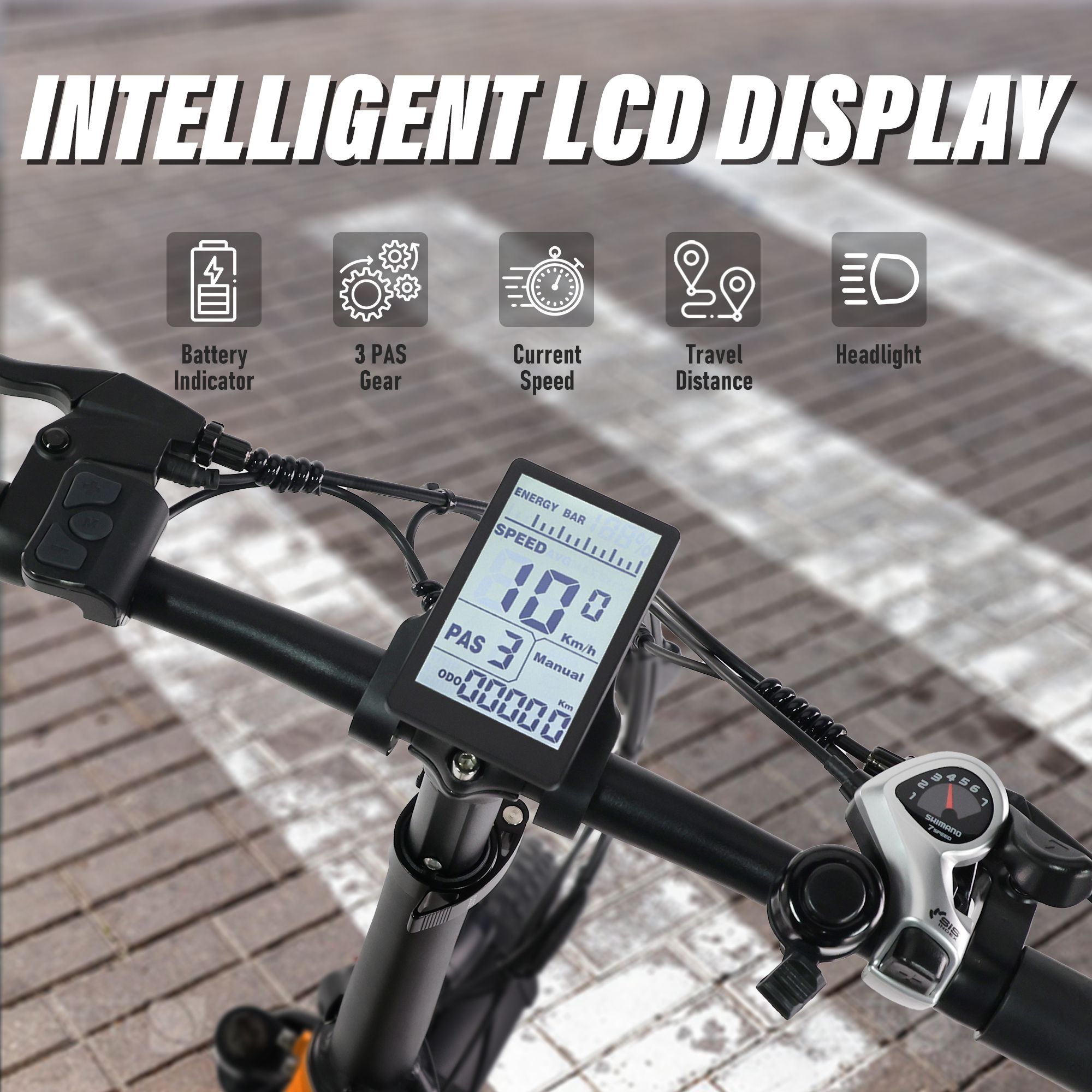 Elektrische fiets VARUN S20-2 met intelligent LCD-scherm. Weergave: batterij, versnellingen, snelheid, afstand, koplamp.