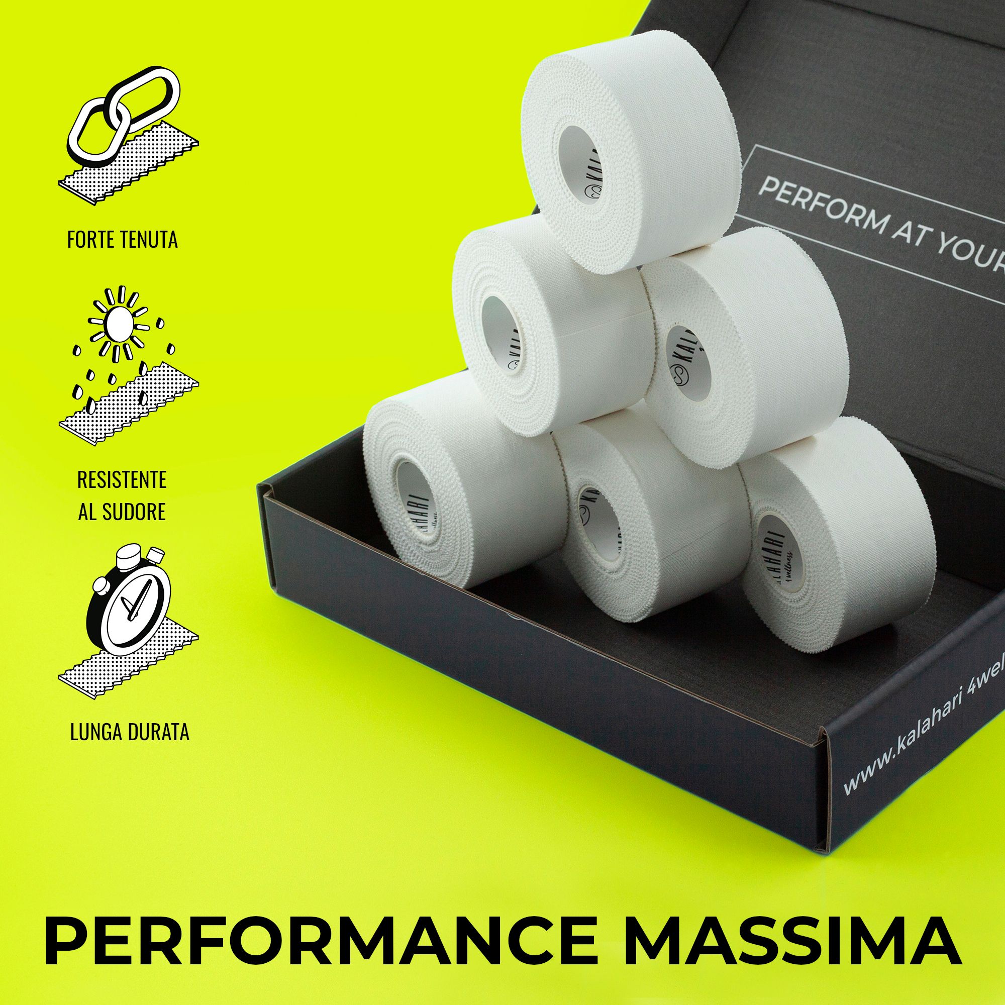 Six rouleaux de ruban de sport blanc dans une boîte noire ouverte, avec icônes de résistance et durabilité.
