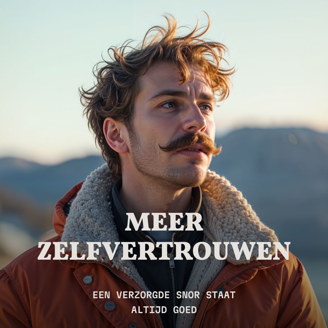 Man met verzorgde snor buiten. Tekst: "Meer Zelfvertrouwen".