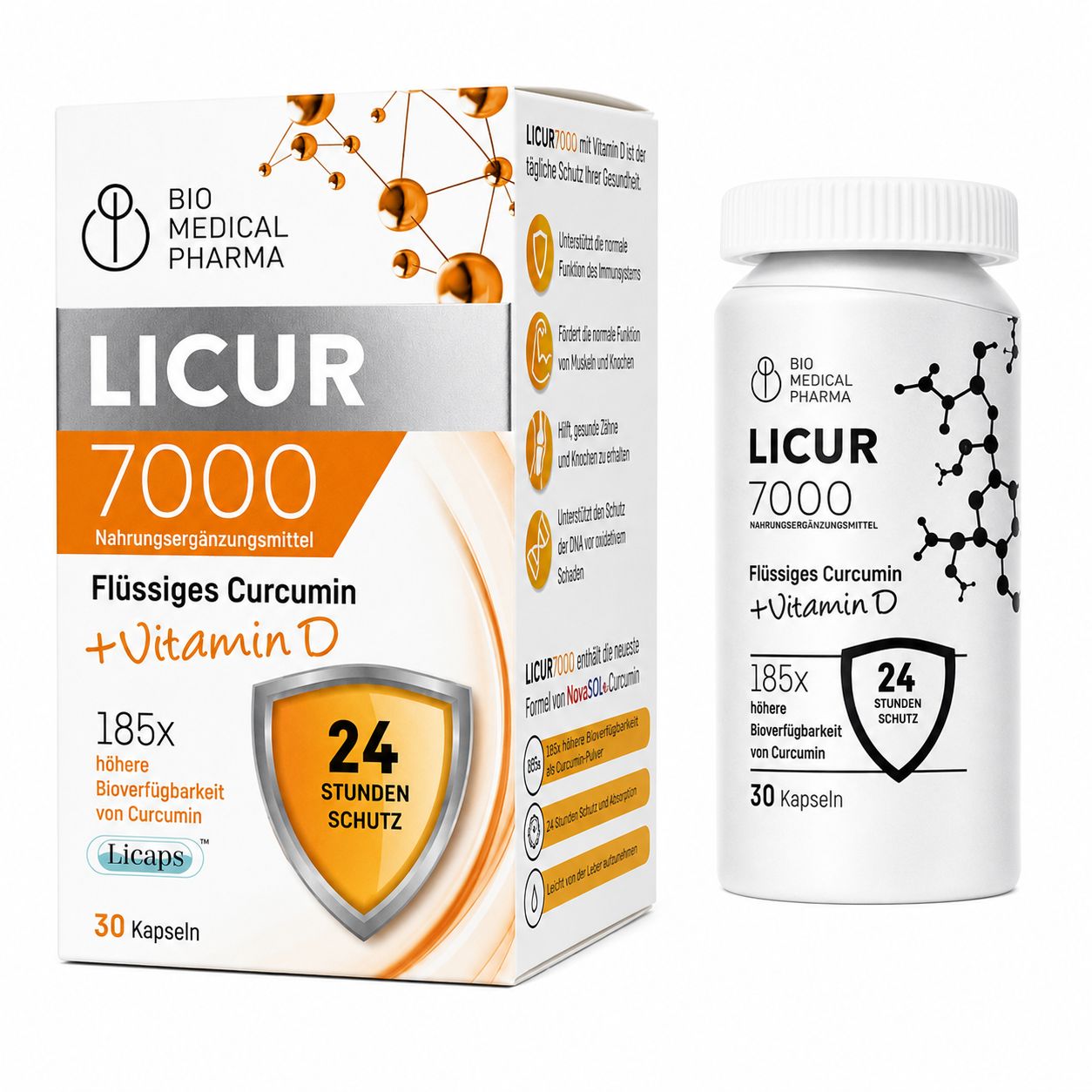 Bio Medical Pharma Licur 7000 Kurkuma Capsules: doos en flesje.