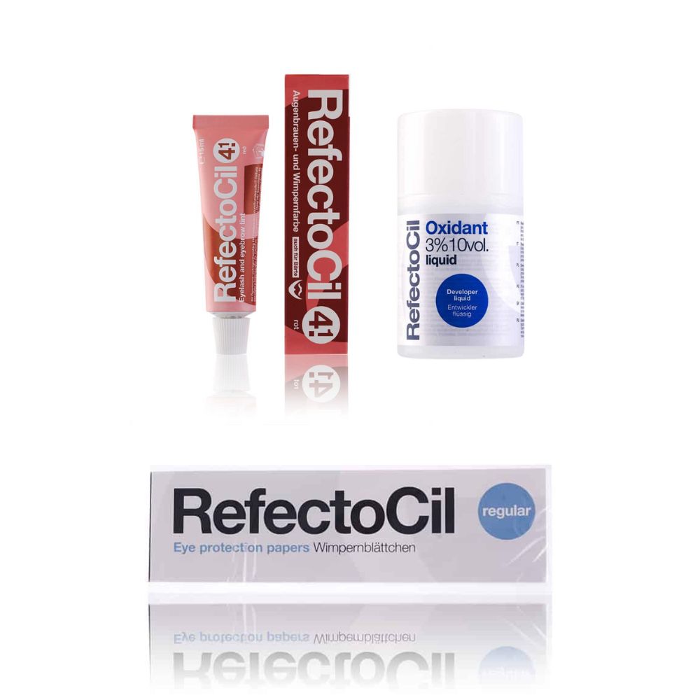 Drie producten: wimperverf, oxidant en oogbeschermers. Alle producten dragen de merknaam RefectoCil.