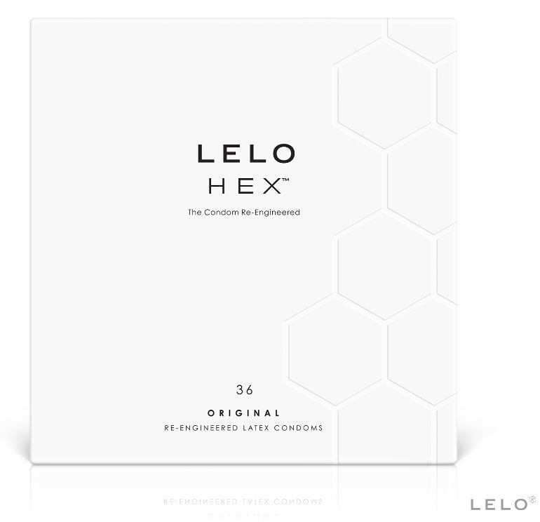 Witte doos met LELO HEX-logo en tekst. Bevat 36 originele condooms.