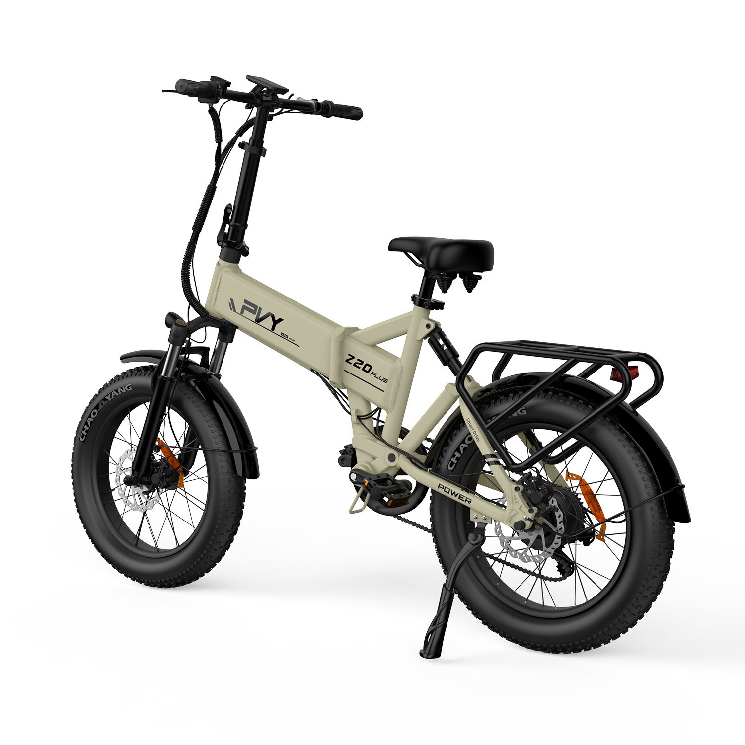 Beige elektrische fiets met zwarte banden en bagagedrager. PVY Z20 Plus is zichtbaar op het frame.