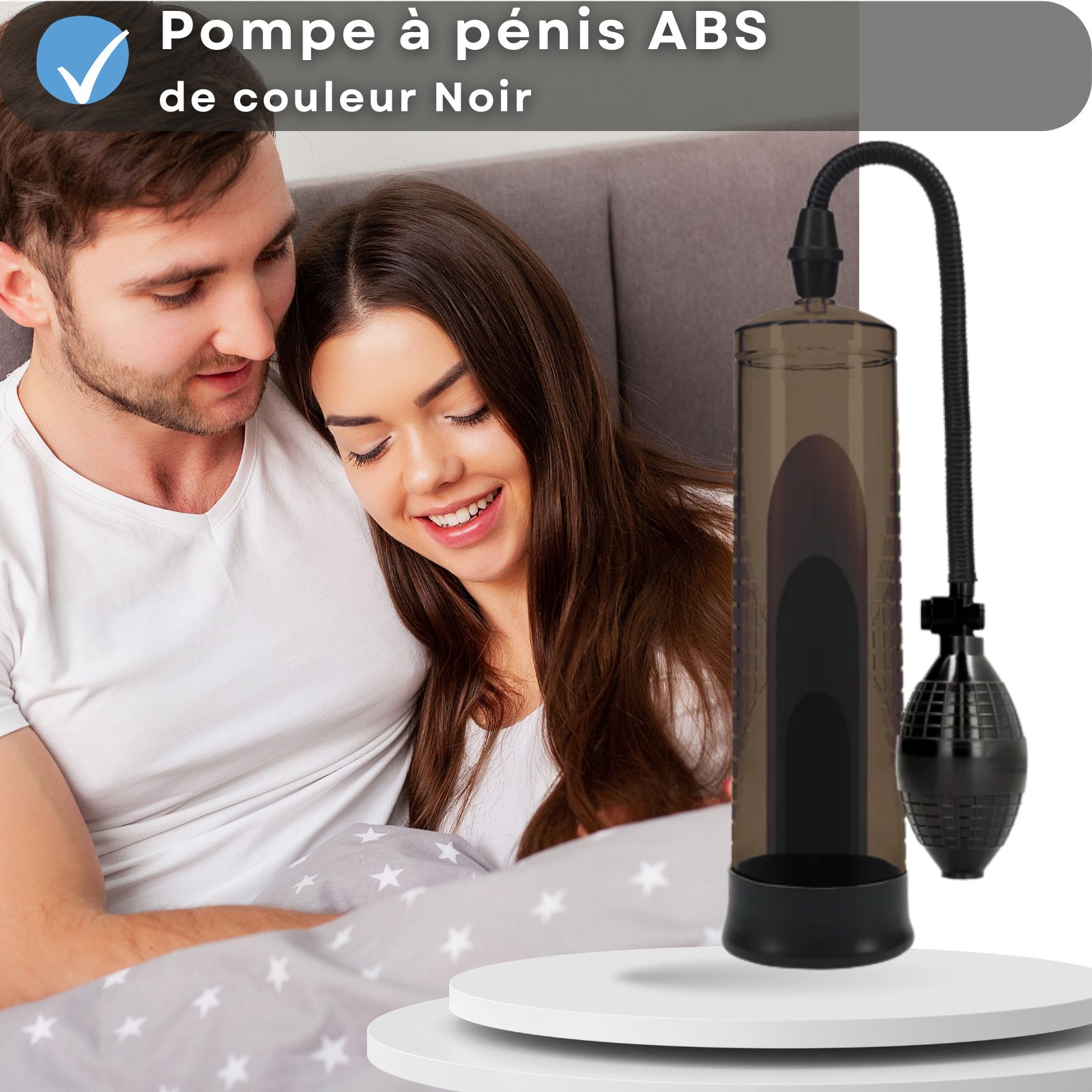 Pompe à pénis, noire. Poire. Couple au lit. Texte : Aide à l'érection pour hommes.
