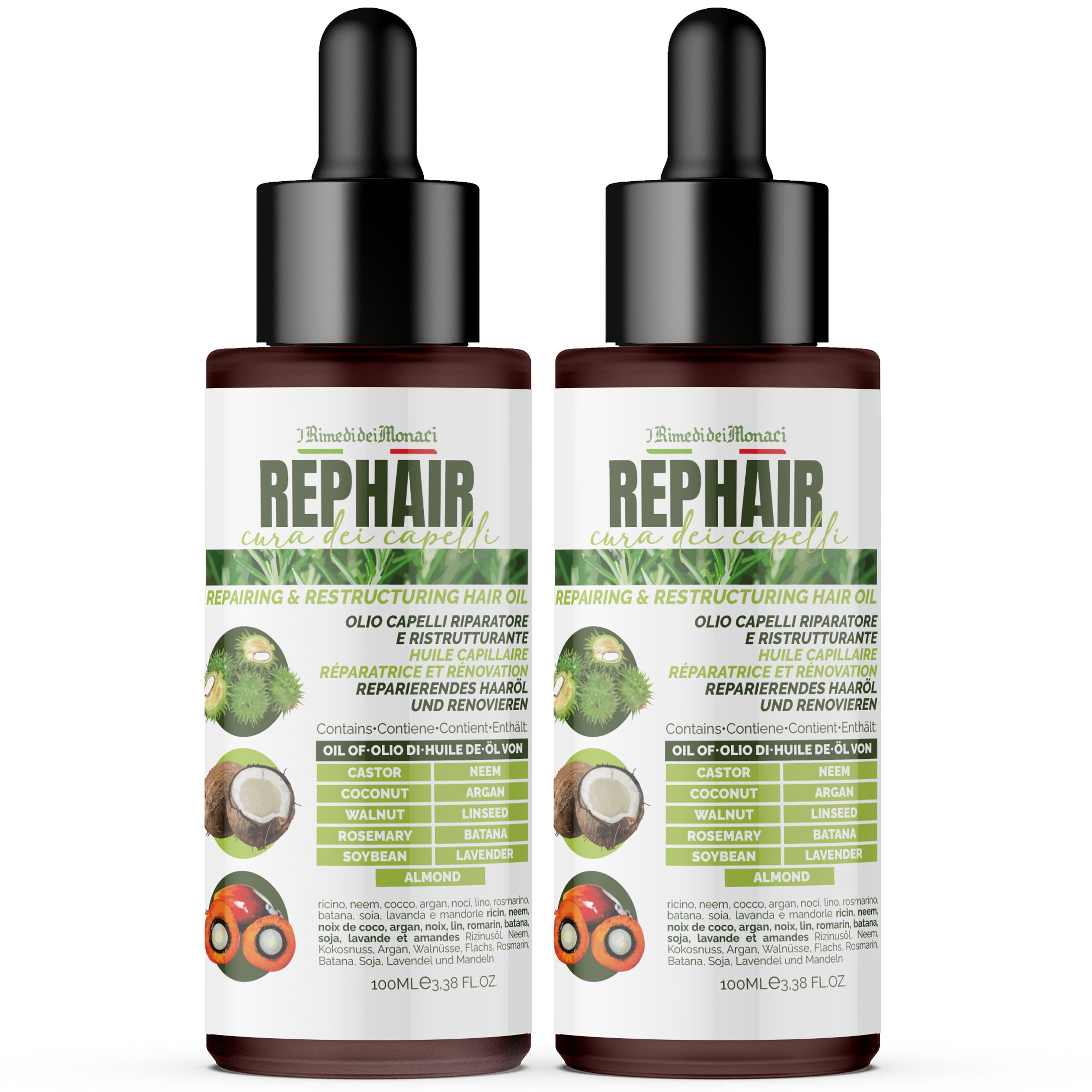 Twee flessen Rehair haarolie met zwarte dop en pipet. Opschrift: REPHAIR, herstellende en herstructurerende haarolie.