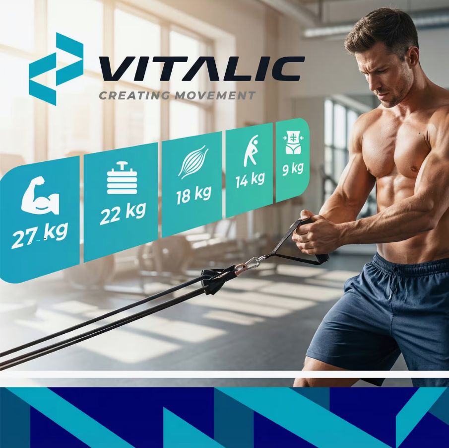 Weerstandsbanden met handvatten. Man traint in sportschool. Opschriften: 27 kg, 22 kg, 18 kg, 14 kg, 9 kg. VITALIC logo.