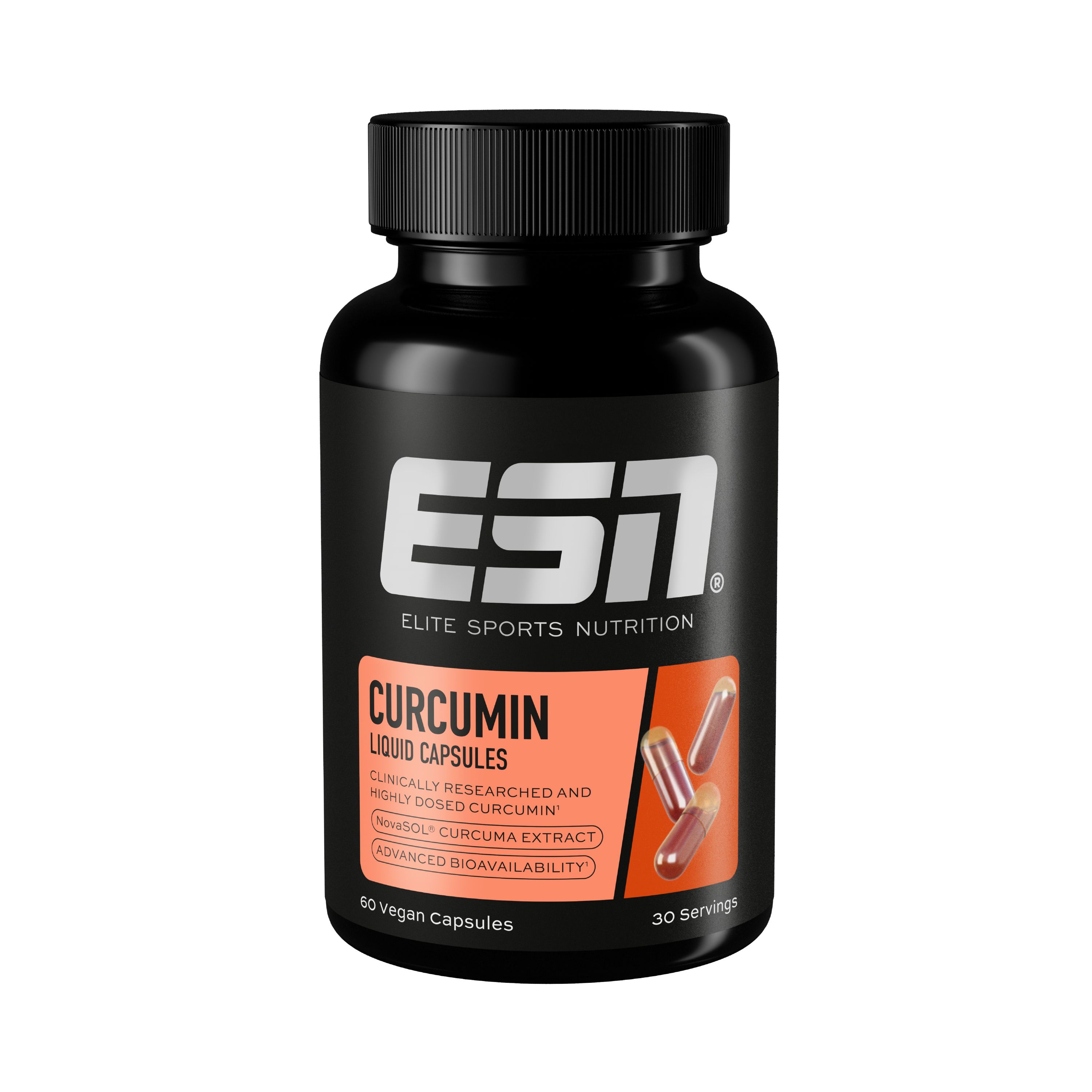 Zwarte fles met capsules. Oranje etiket met tekst: Curcumin Liquid Capsules. Merk: ESN.