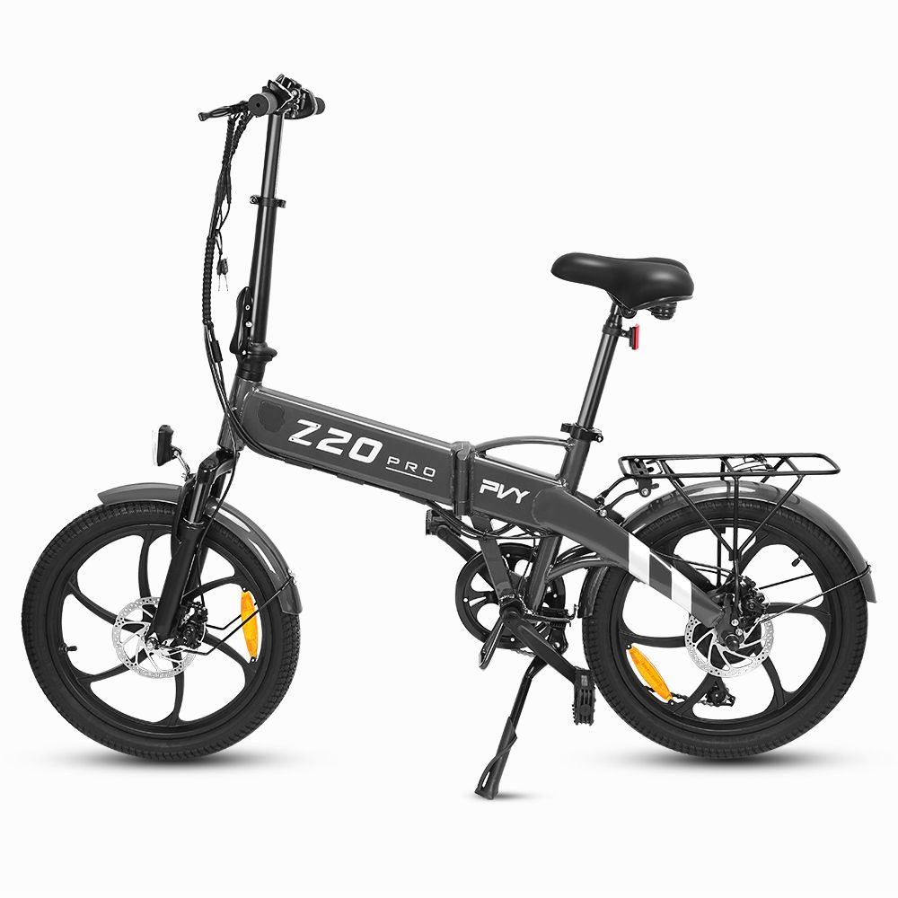 Opvouwbare e-bike PVY Z20 Pro, zwart, met witte streep op achterwiel. Shimano 6 versnellingen.