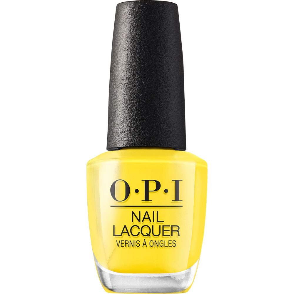 OPI nagellakfles. Gele lak, zwarte dop. Productweergave.
