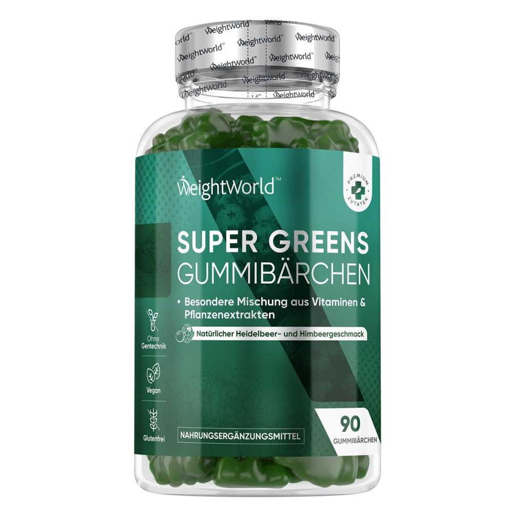 Flacon de WeightWorld Super Greens Gummibärchen. Oursons verts, 90 unités. Avec vitamines et extraits de plantes. Végétalien.