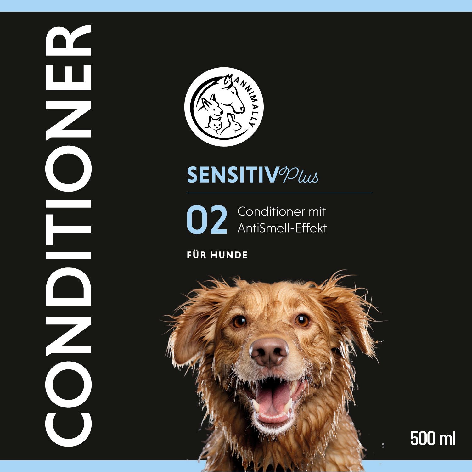 Fond noir avec cadre bleu. Inscription : CONDITIONER, SENSTIV Plus 02, photo de chien. Logo : Annimally. Volume : 500 ml.