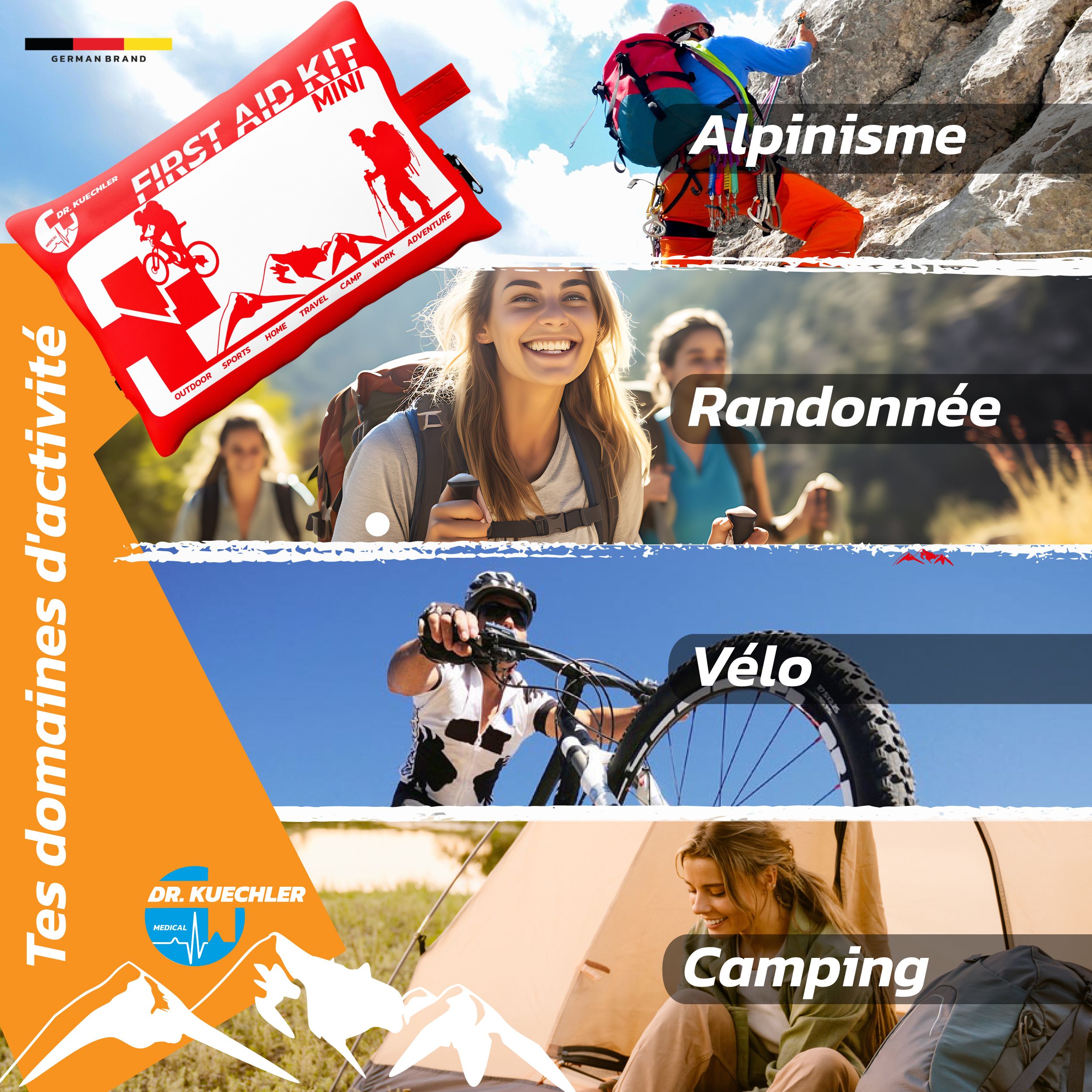 Trousse de premiers secours rouge avec impression : First Aid Kit Mini. Scènes : Alpinisme, randonnée, vélo, camping.