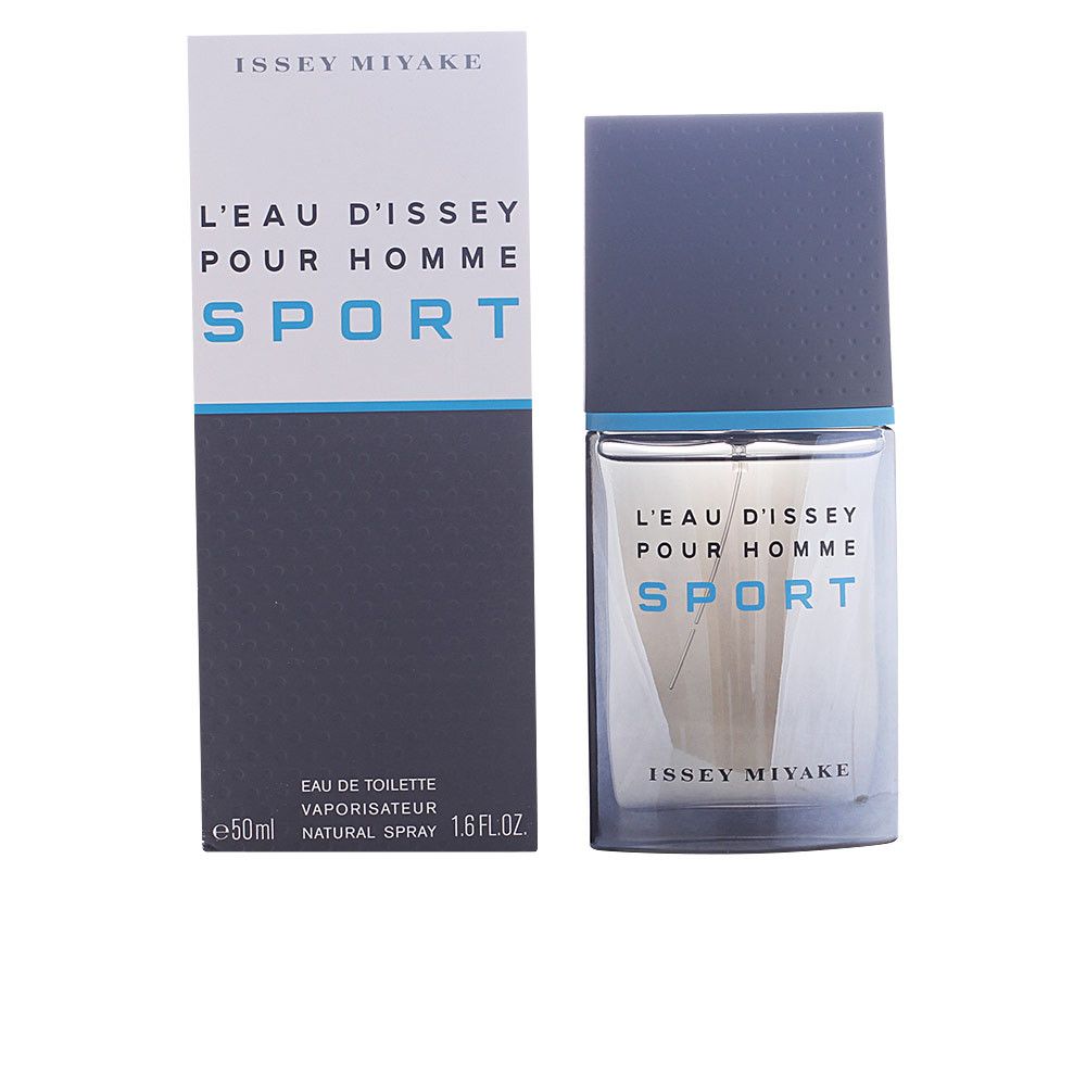 L'Eau d'Issey Pour Homme Sport fles en verpakking. Fles met grijze dop en blauwe streep. Verpakking met logo en productnaam.