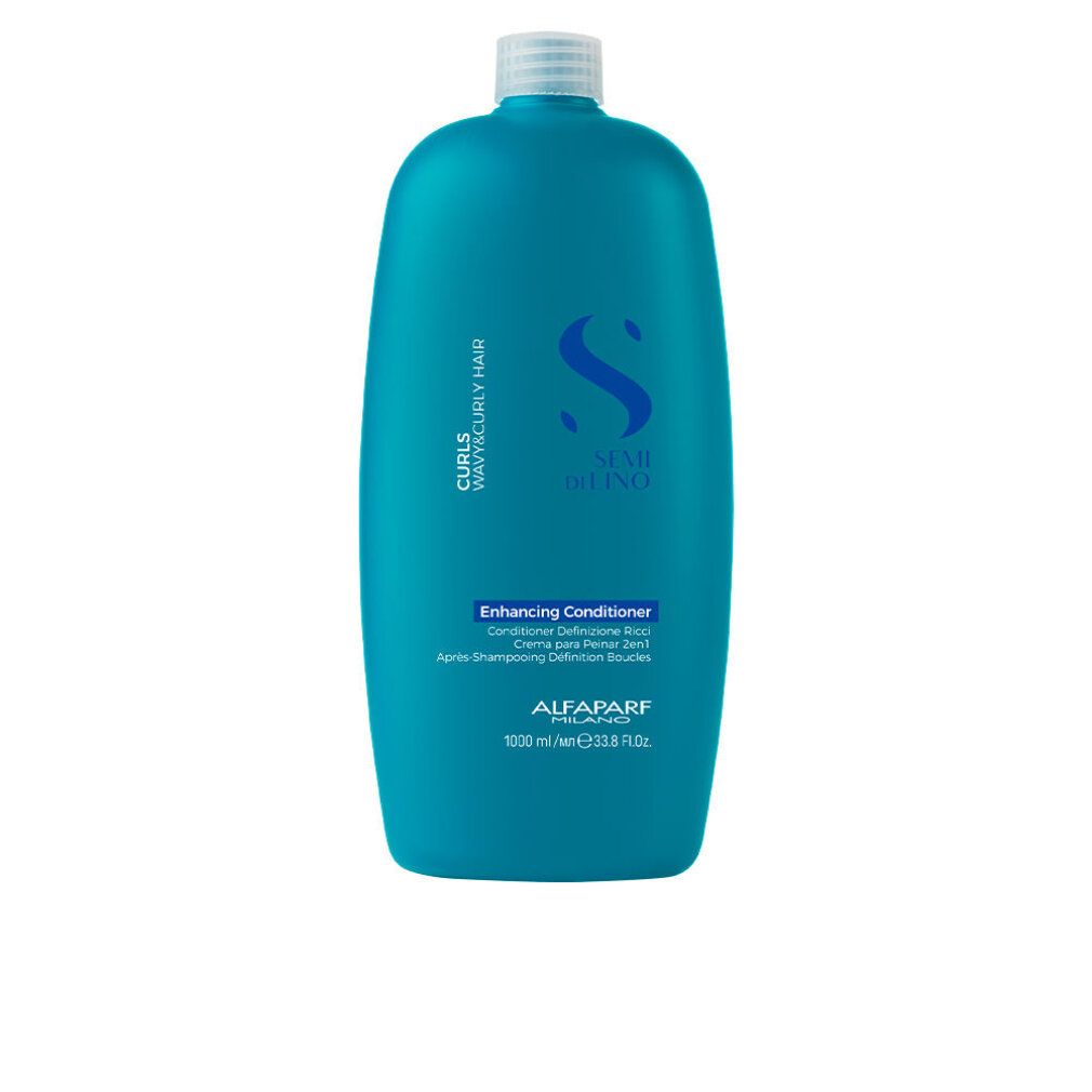 Flacon bleu sarcelle pour le conditionneur fortifiant SEMI DI LINO d'ALFAPARF pour cheveux bouclés et ondulés.