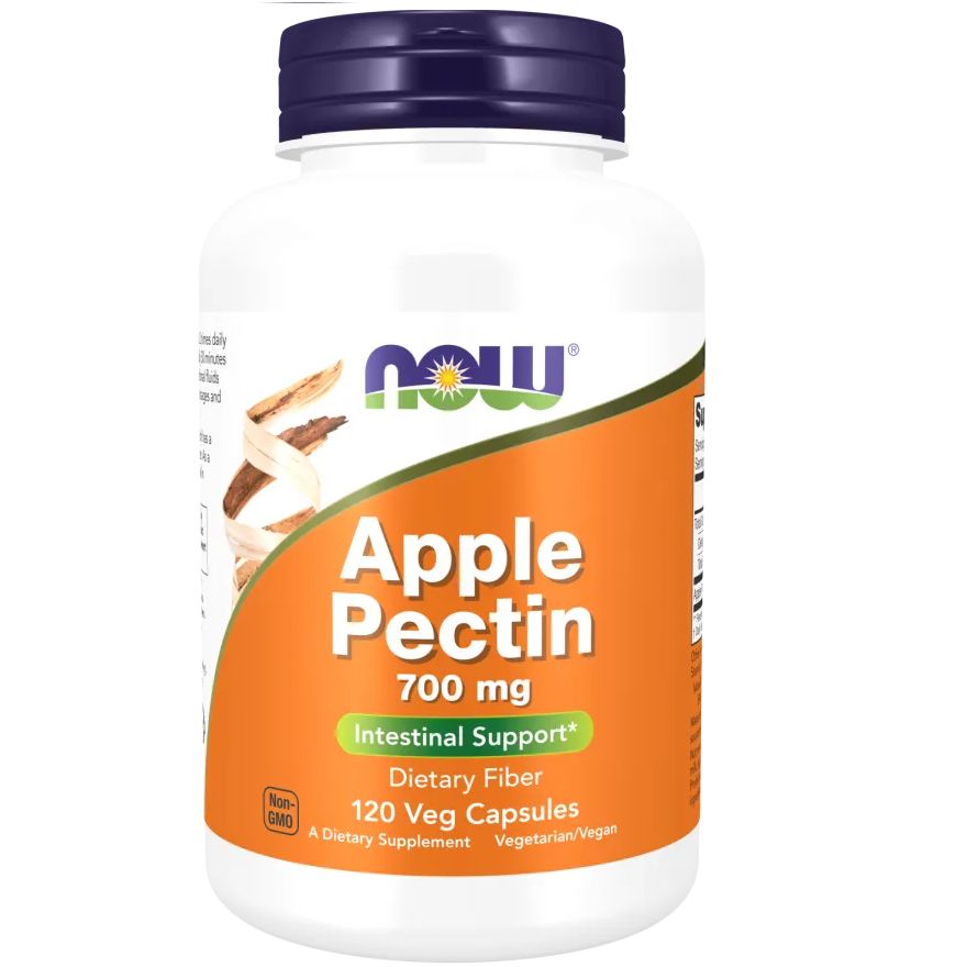 Flacon blanc, bouchon bleu. Étiquette avec nom du produit, dosage et marque NOW FOODS. Apfelpektin 700 mg, 120 gélules.