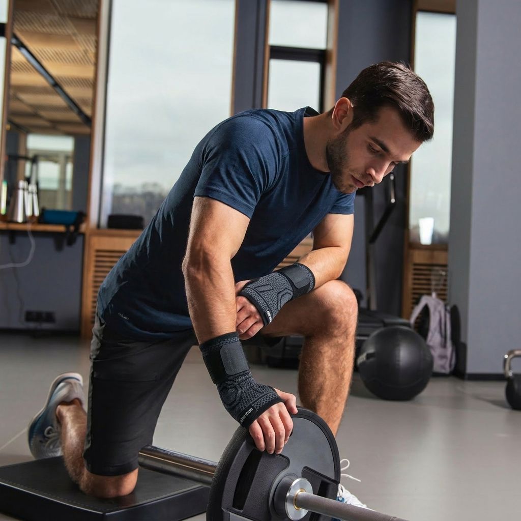 Man in sportschool met polsbrace. Zwarte brace. Sportieve activiteit.