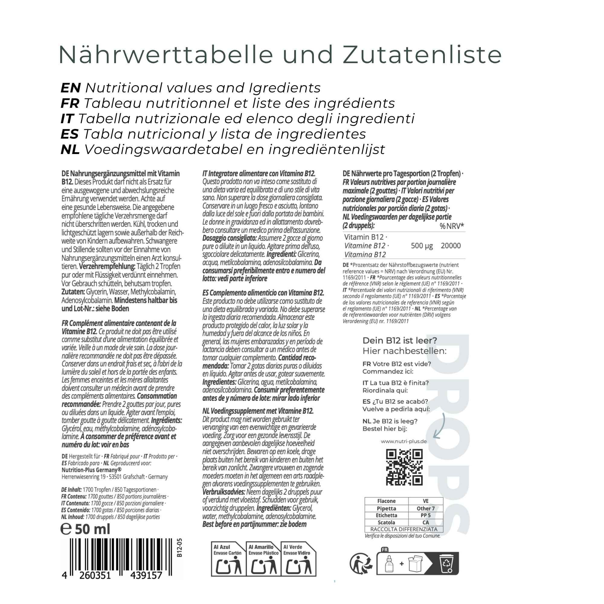Nutri+ Vitamine B12 druppels: voedingswaarde en ingrediëntenlijst.