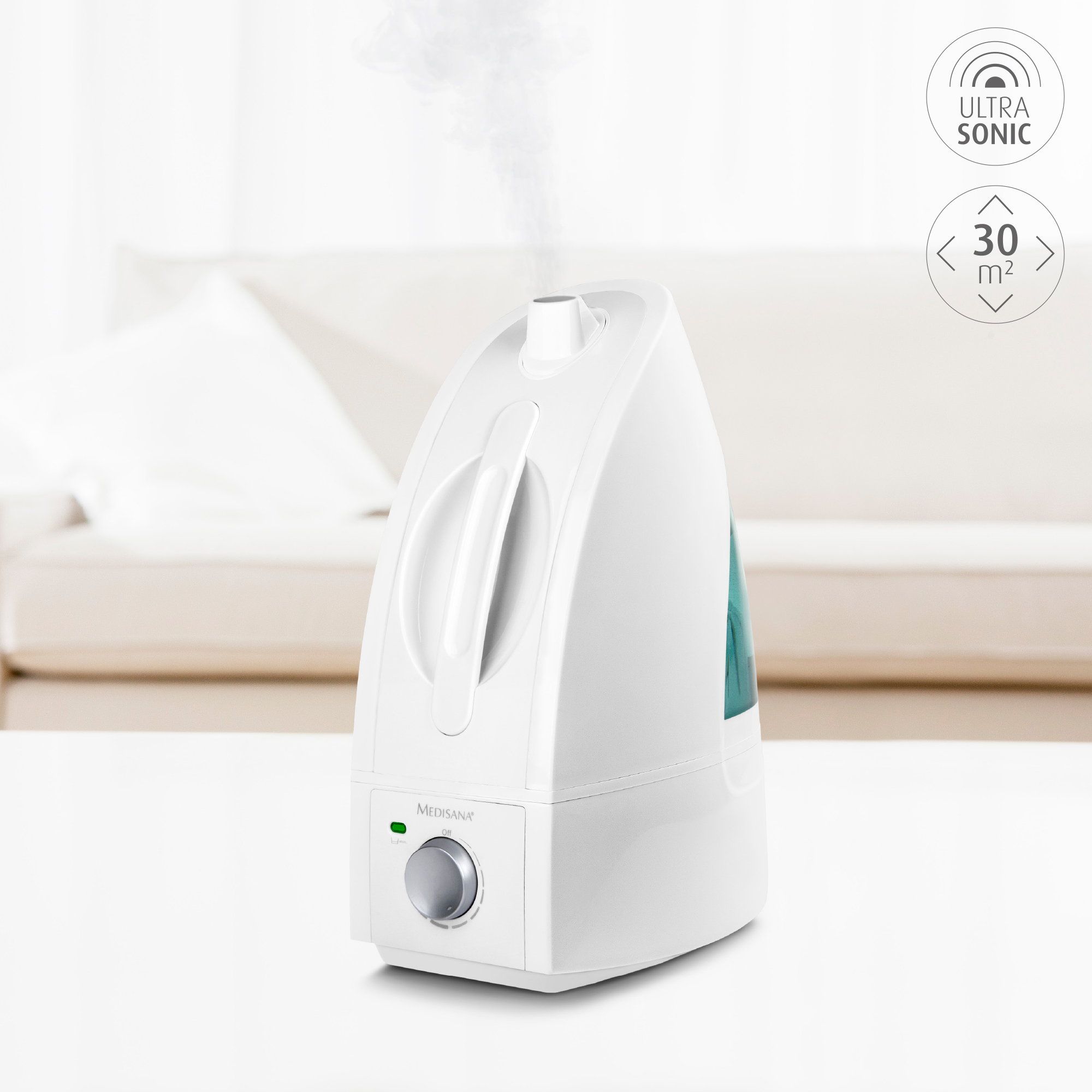 Humidificateur avec vapeur, Ultra Sonic et indication 30 m². Marque Medisana.