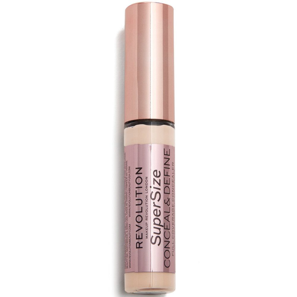Flacon de correcteur avec bouchon rose doré. Inscription: Super Size Conceal & Define.