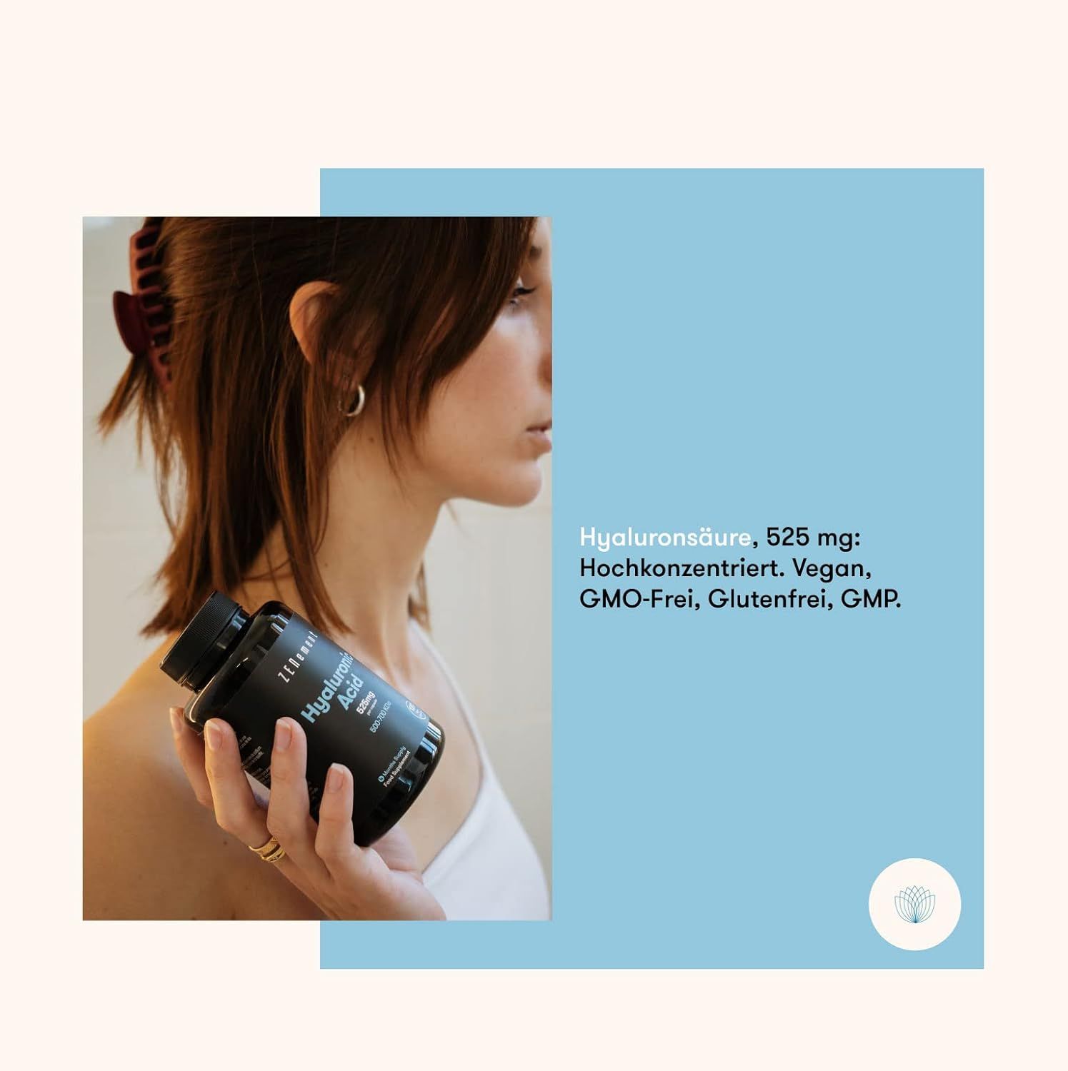 Femme tenant un flacon noir de gélules Zenement Hyaluron. Texte : Acide hyaluronique, 525 mg : Hautement concentré, Vegan, sans OGM, sans gluten, GMP.