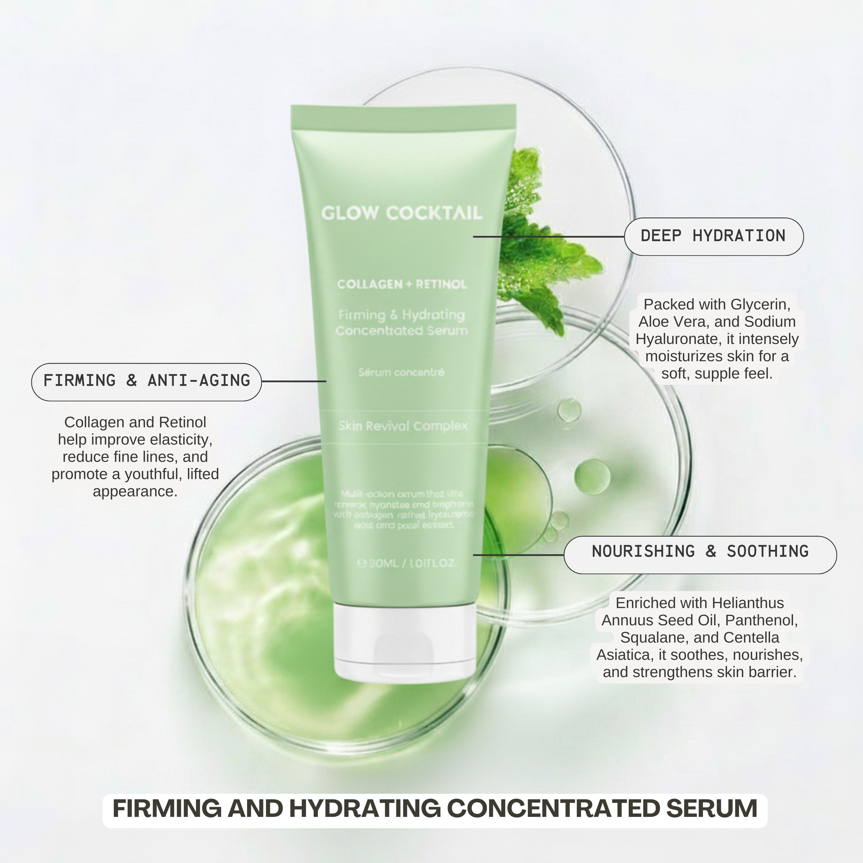 Sérum Glow Cocktail avec indications sur le raffermissement, l'hydratation et les complexes de soins de la peau.