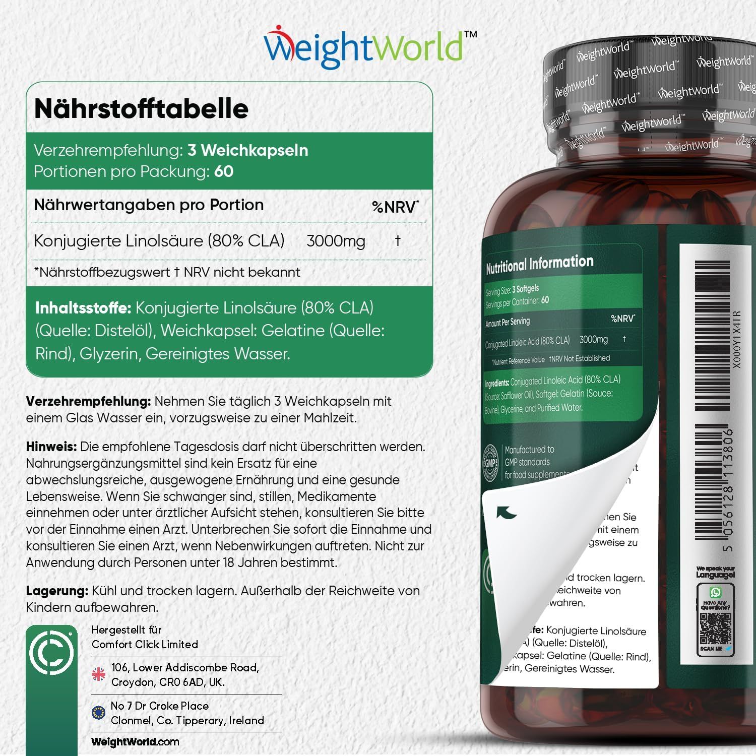 Voedingswaarde tabel en informatie over WeightWorld CLA capsules.
