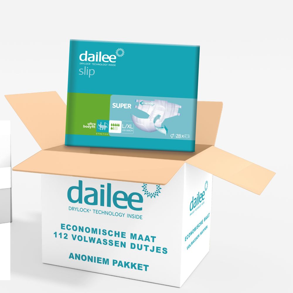 Dailee Slip Super incontinentieluiers in doos. 112 stuks. Maat L/XL.