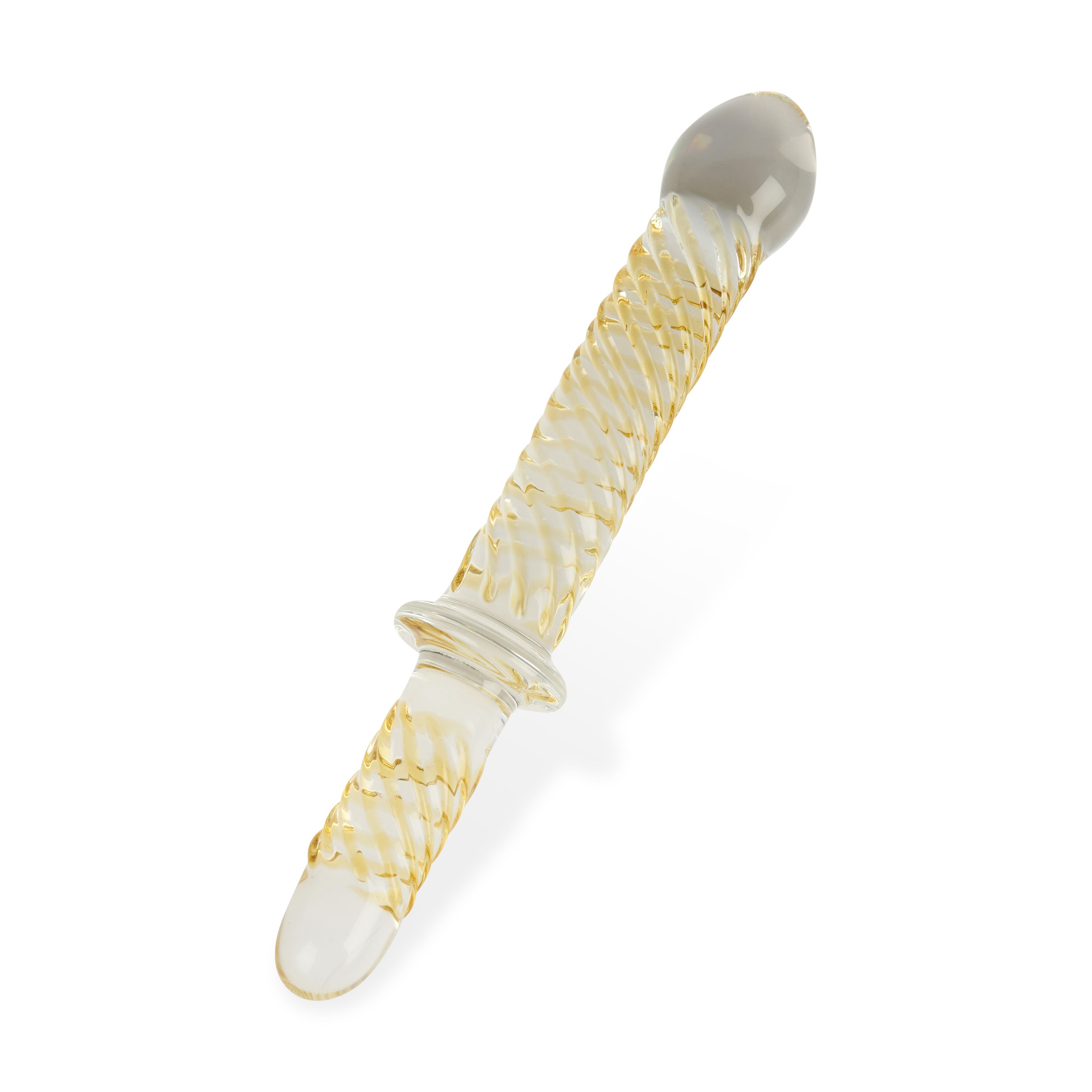 Stimulateur en verre, surface cannelée, extrémités arrondies. Design jaune et blanc avec un anneau central.
