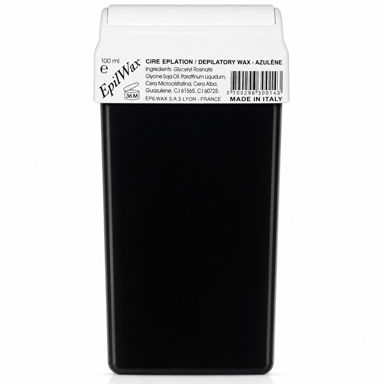 Cartouche de cire EpilWax Azulene, bleu foncé, 100 ml, avec capuchon blanc et étiquette.