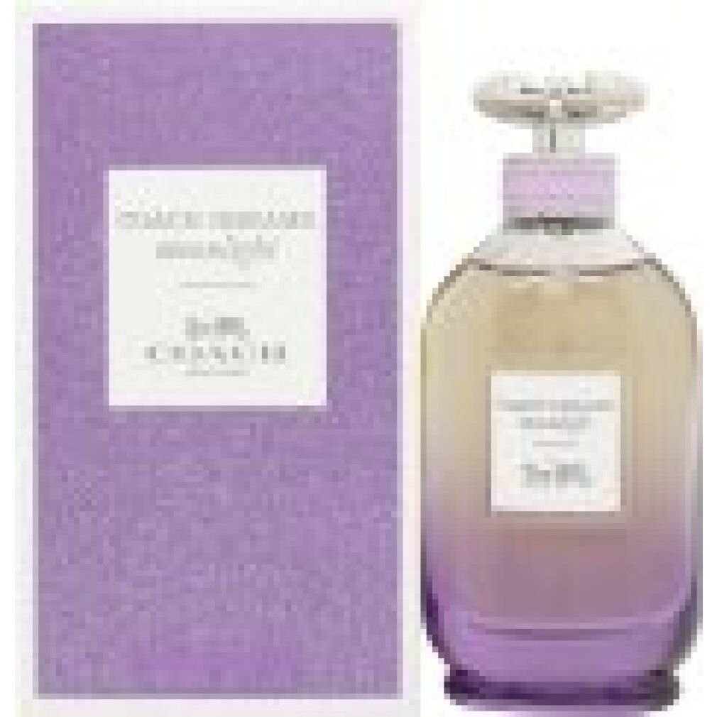Coach Dreams Moonlight Eau de Parfum Spray. Flacon et emballage. Dégradé de violet, bouchon argenté. Logo sur étiquette et boîte.