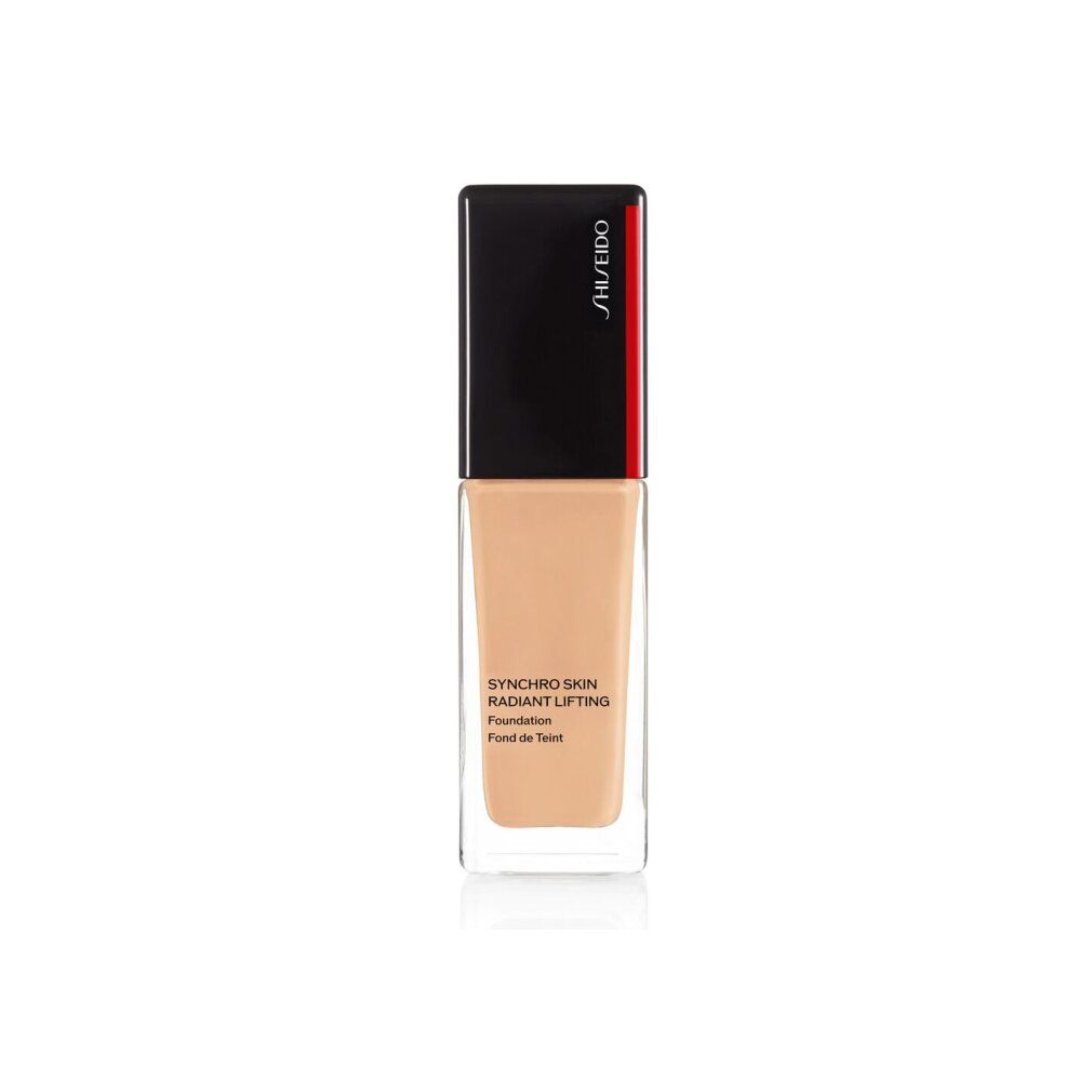 Flacon Shiseido Synchro Skin Radiant Lifting. Forme rectangulaire, base transparente, bouchon noir avec accent rouge. Texte.